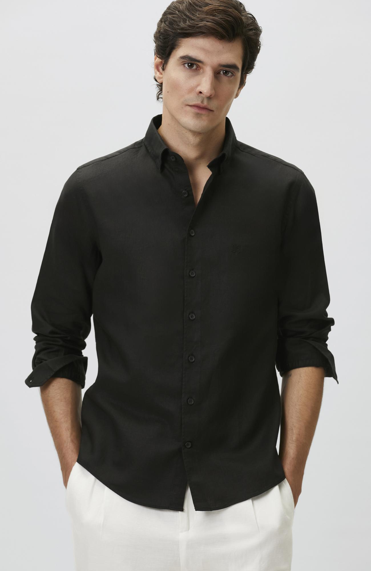 Network Erkek Slim Fit Siyah Keten Gömlek