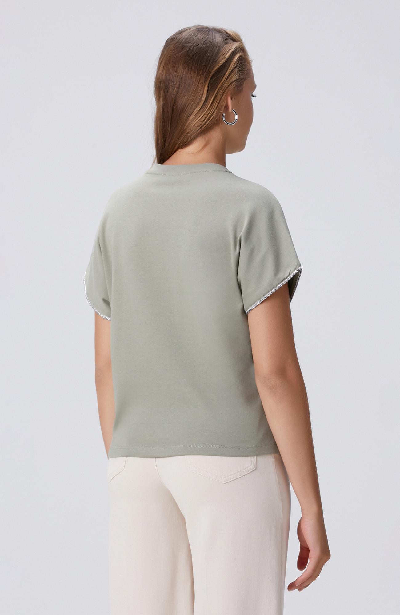 Network Kadın Haki Kol Ucu Taşlı T-shirt