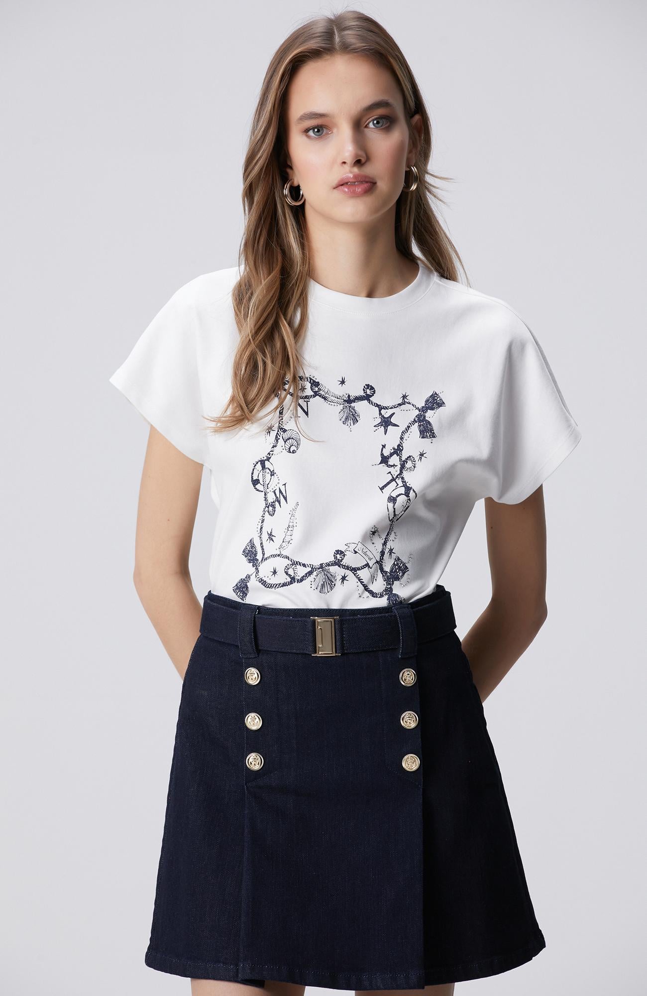Network Kadın Kırık Beyaz Baskılı Hotfixli T-shirt
