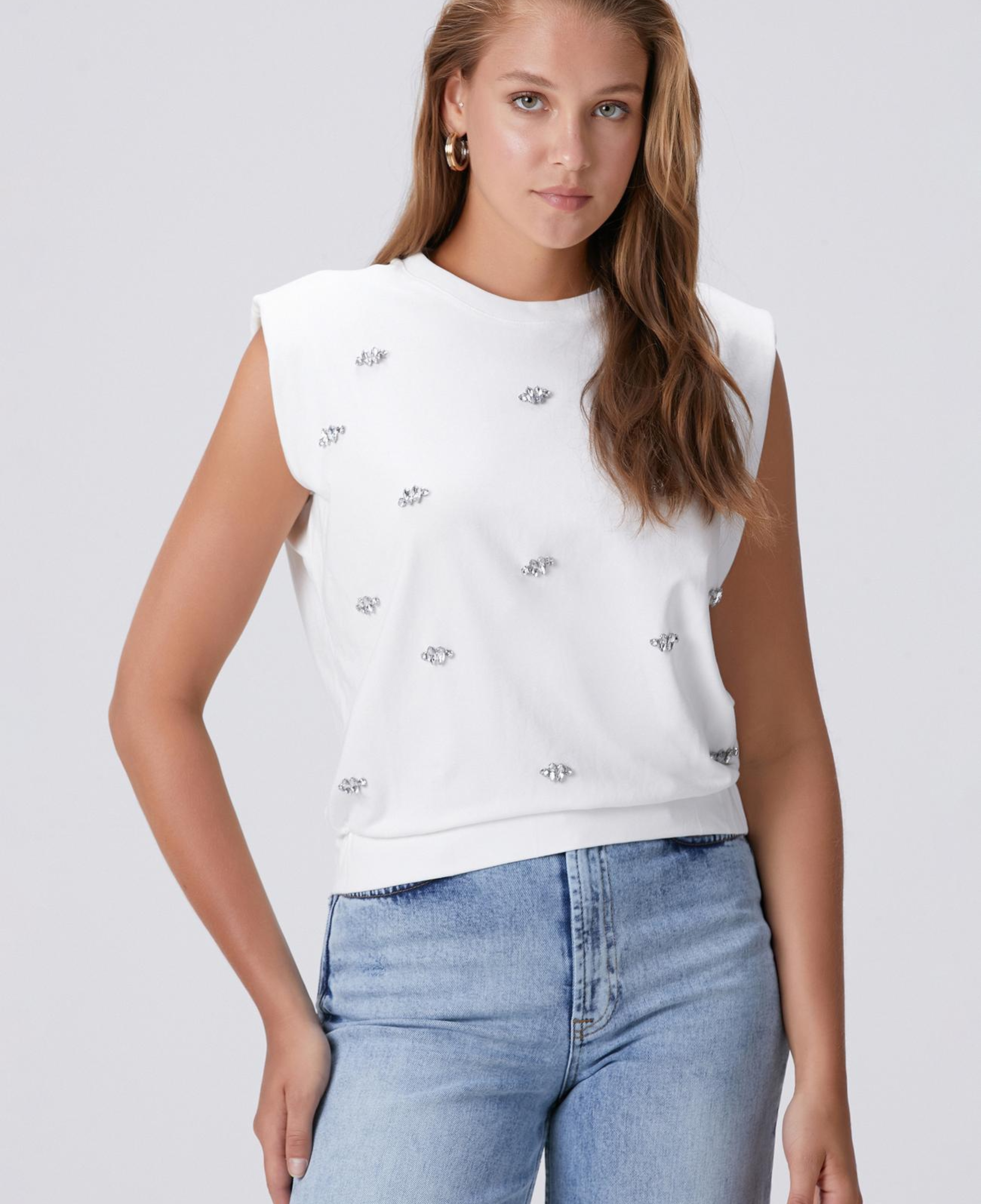 Network Kadın Kırık Beyaz İri Taş Baskı Detaylı T-shirt