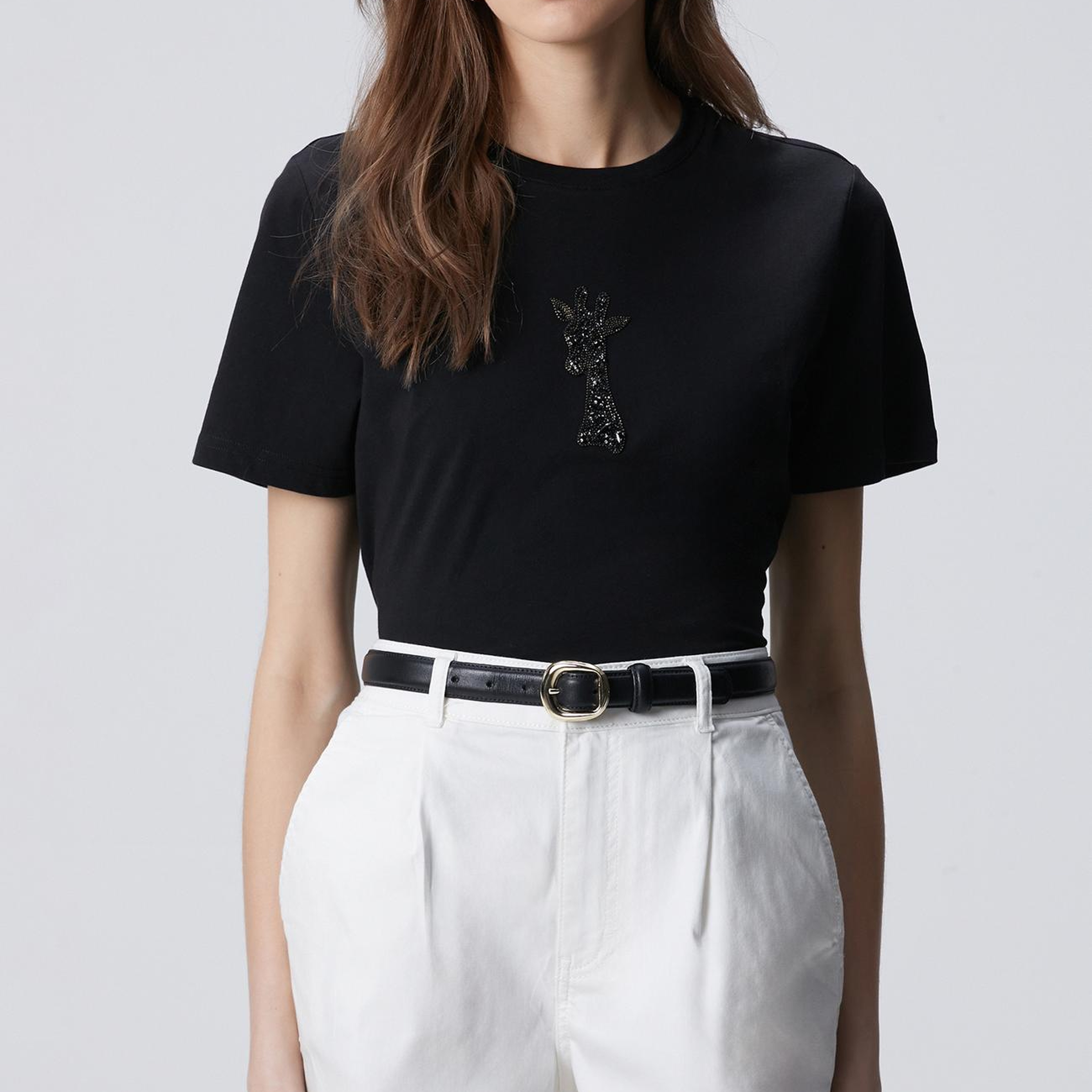 Network Kadın Siyah Taşlı Zürafa Figürlü T-shirt