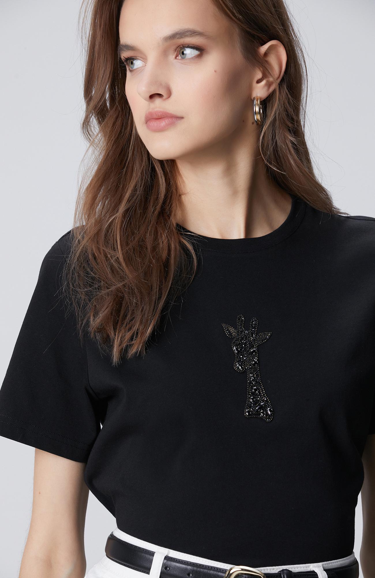 Network Kadın Siyah Taşlı Zürafa Figürlü T-shirt
