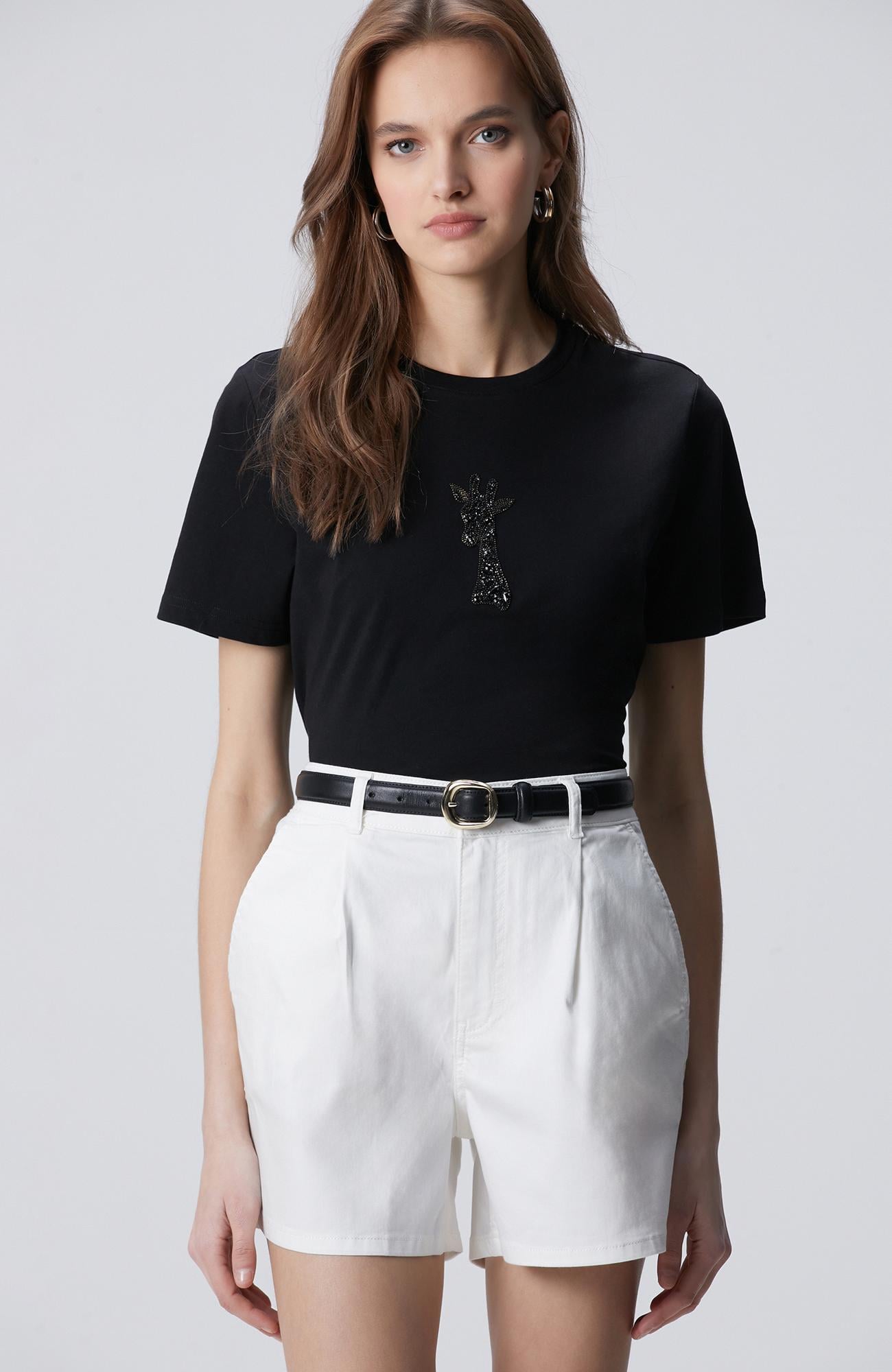 Network Kadın Siyah Taşlı Zürafa Figürlü T-shirt