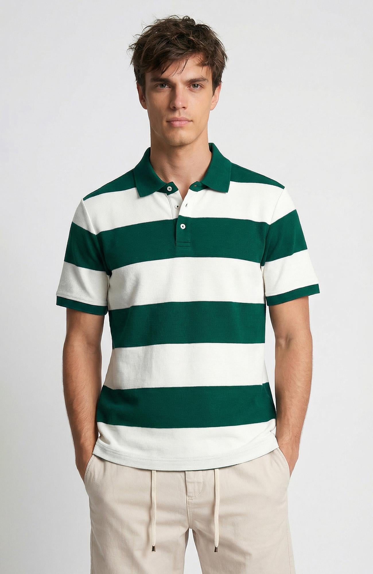 Network Erkek Yeşil Ekru Çizgili Polo Yaka T-Shirt