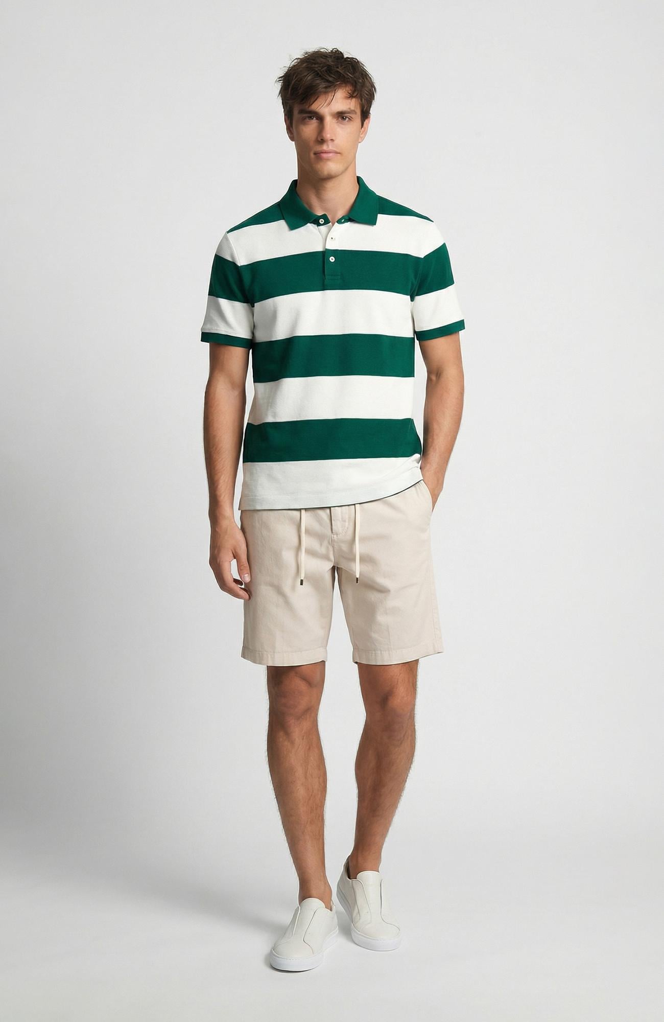 Network Erkek Yeşil Ekru Çizgili Polo Yaka T-Shirt