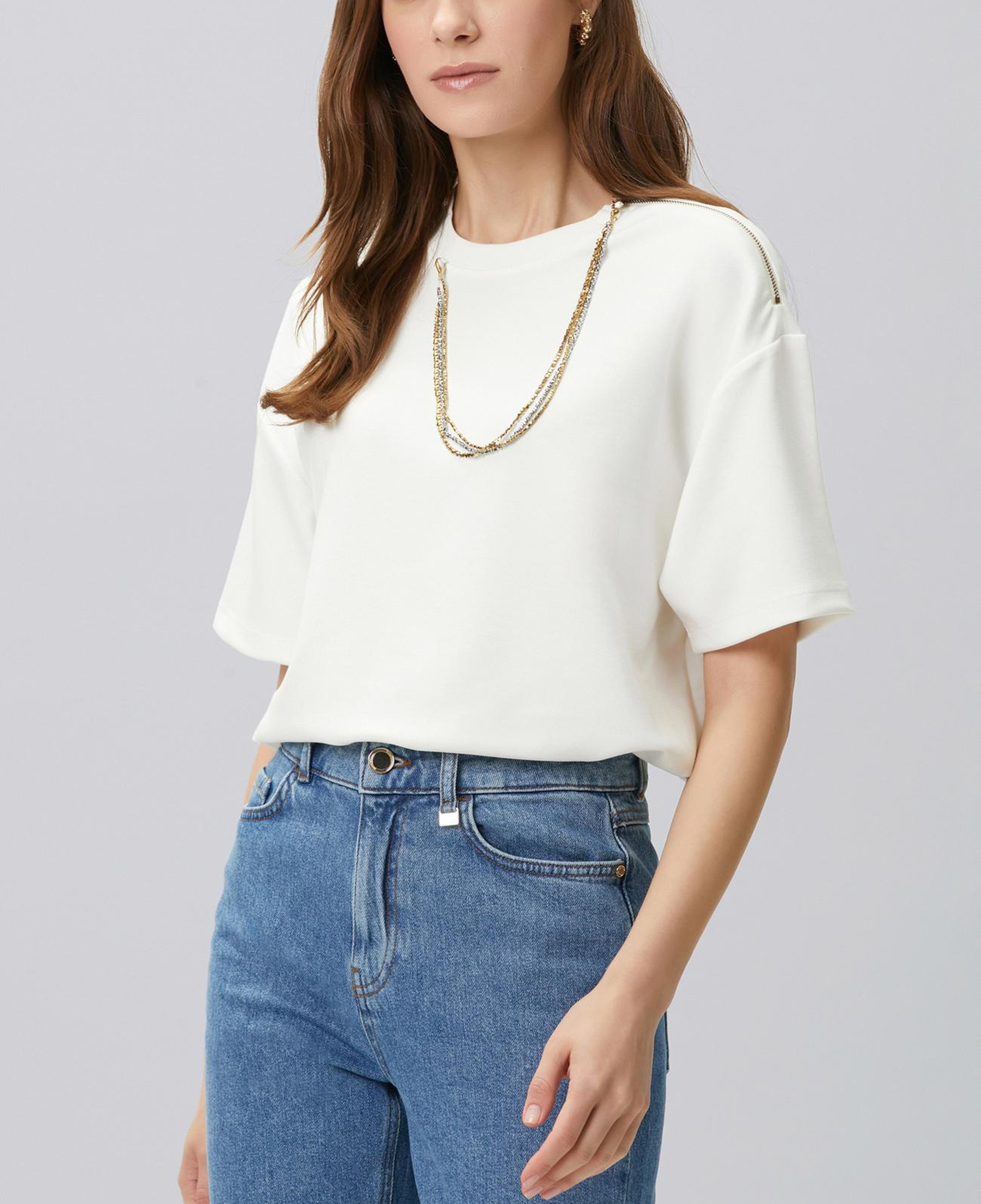 Network Kadın Kırık Beyaz Yaka Zincir Detaylı T-shirt