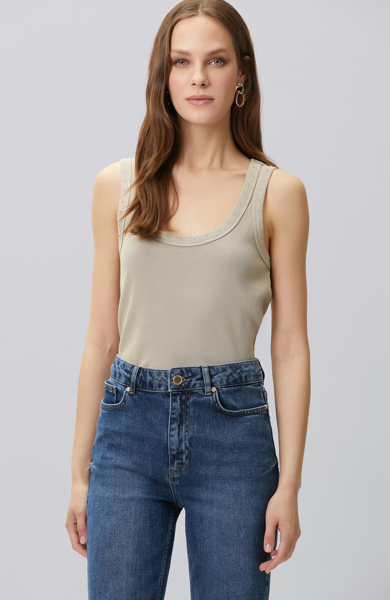 Network Kadın Vizon Taş Baskılı Ribli T-shirt