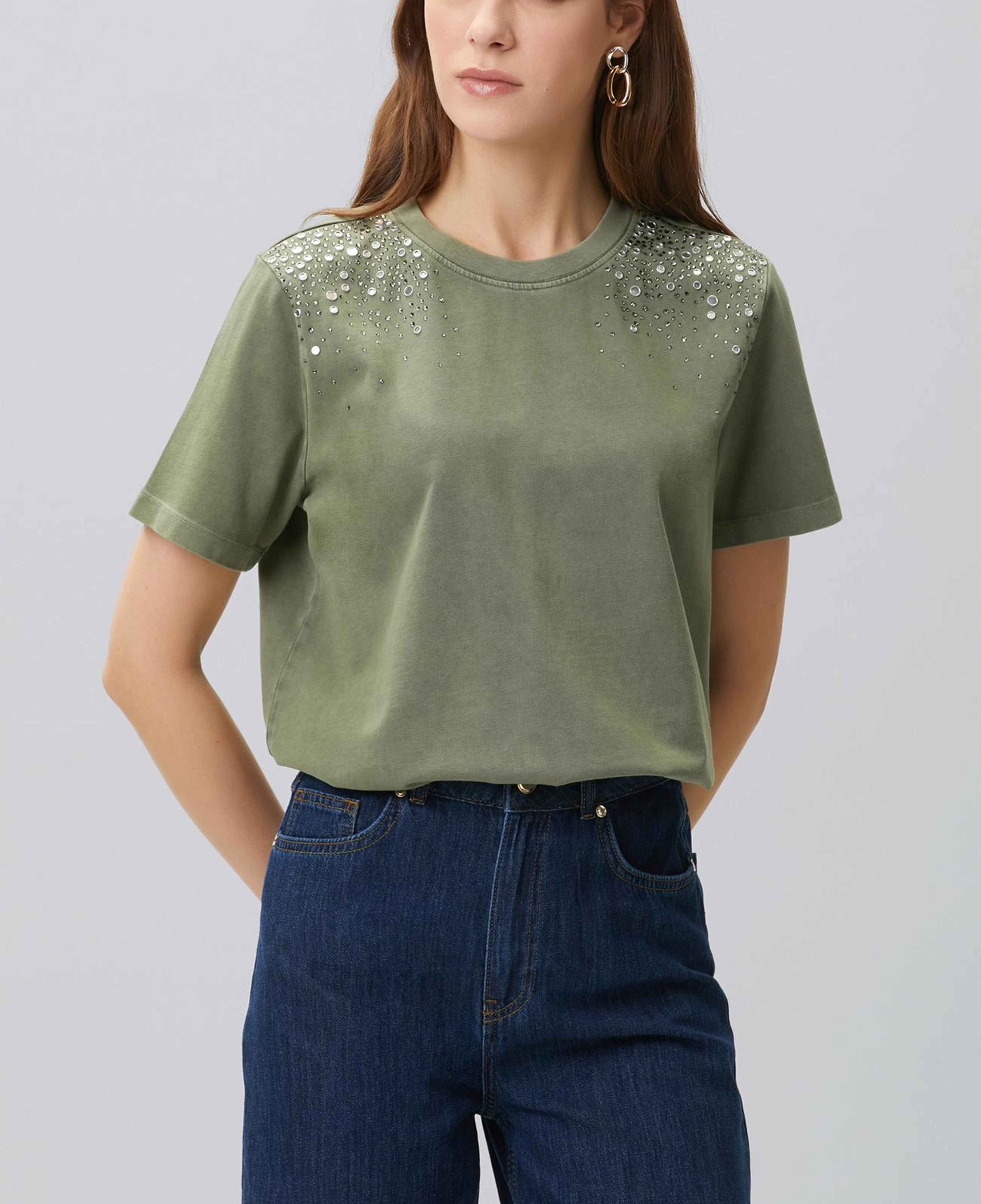 Network Kadın Haki Omuz Taş Baskılı T-shirt