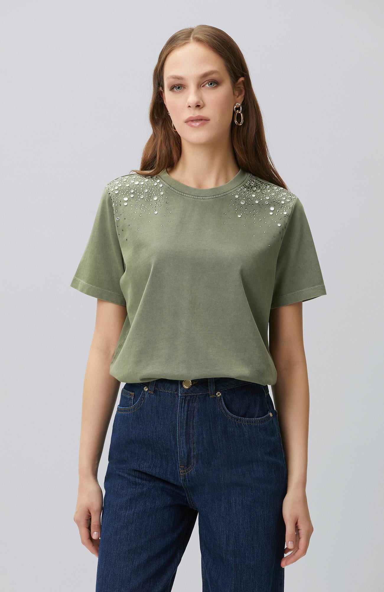 Network Kadın Haki Omuz Taş Baskılı T-shirt