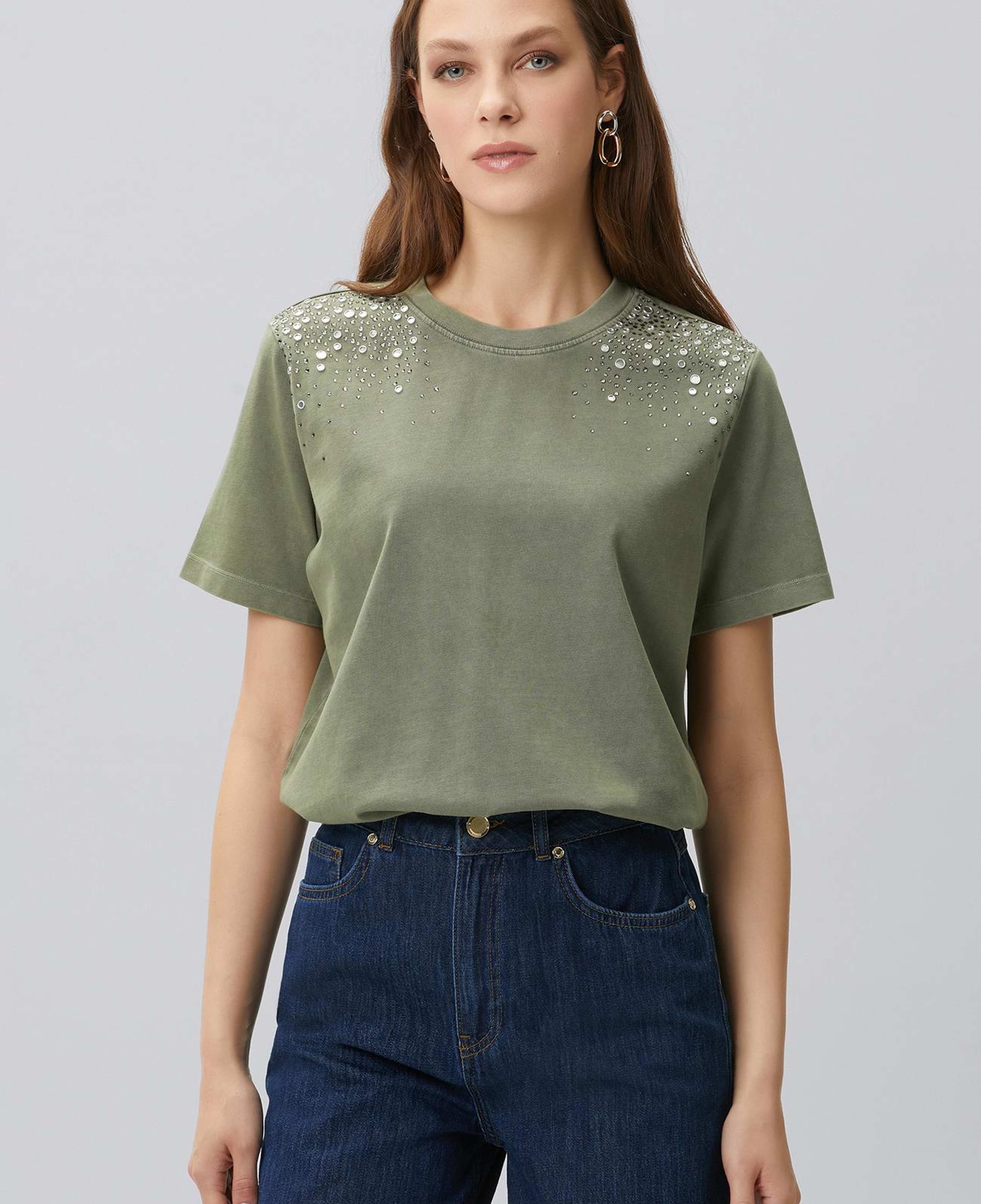 Network Kadın Haki Omuz Taş Baskılı T-shirt