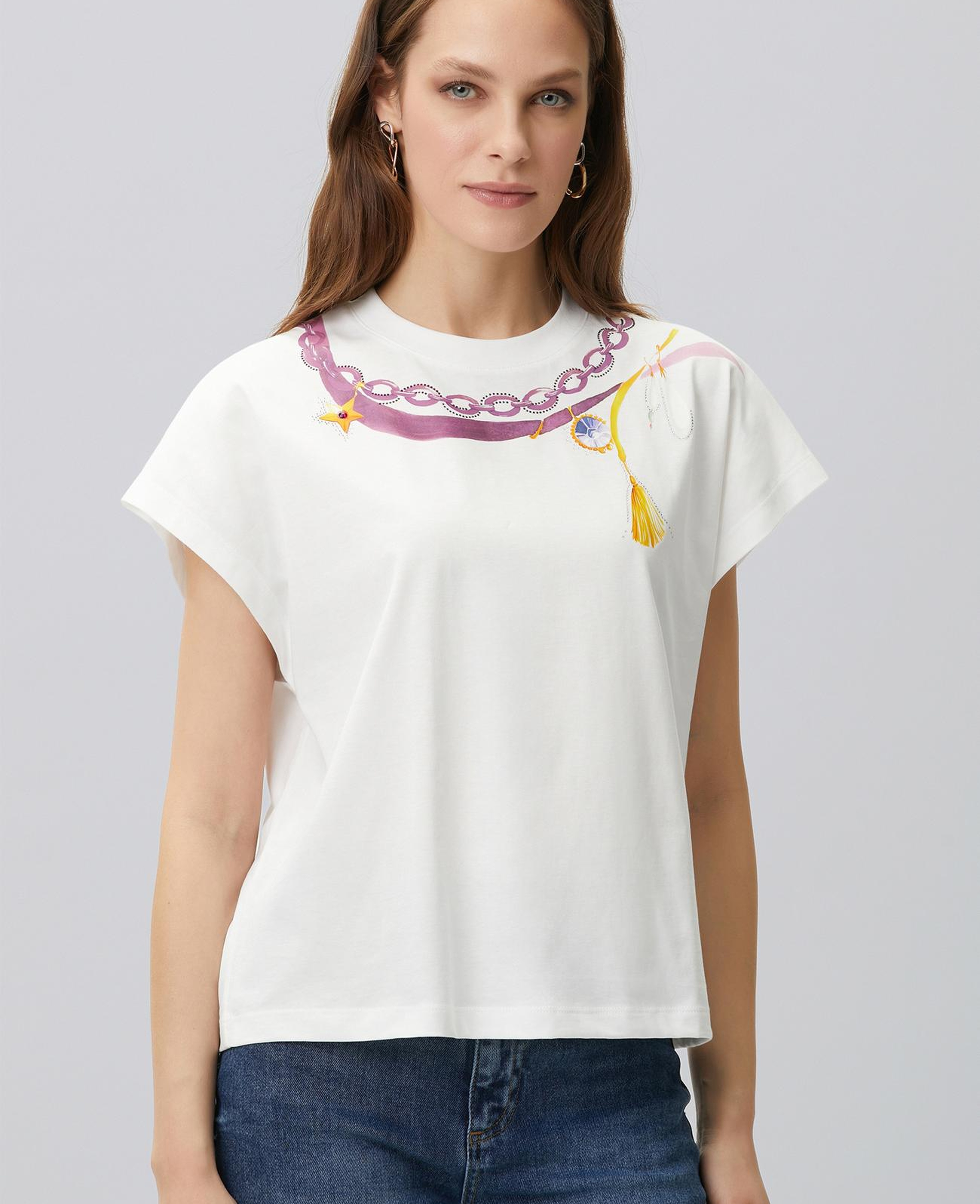 Network Kadın Kırık Beyaz Yaka Baskı Detaylı T-shirt