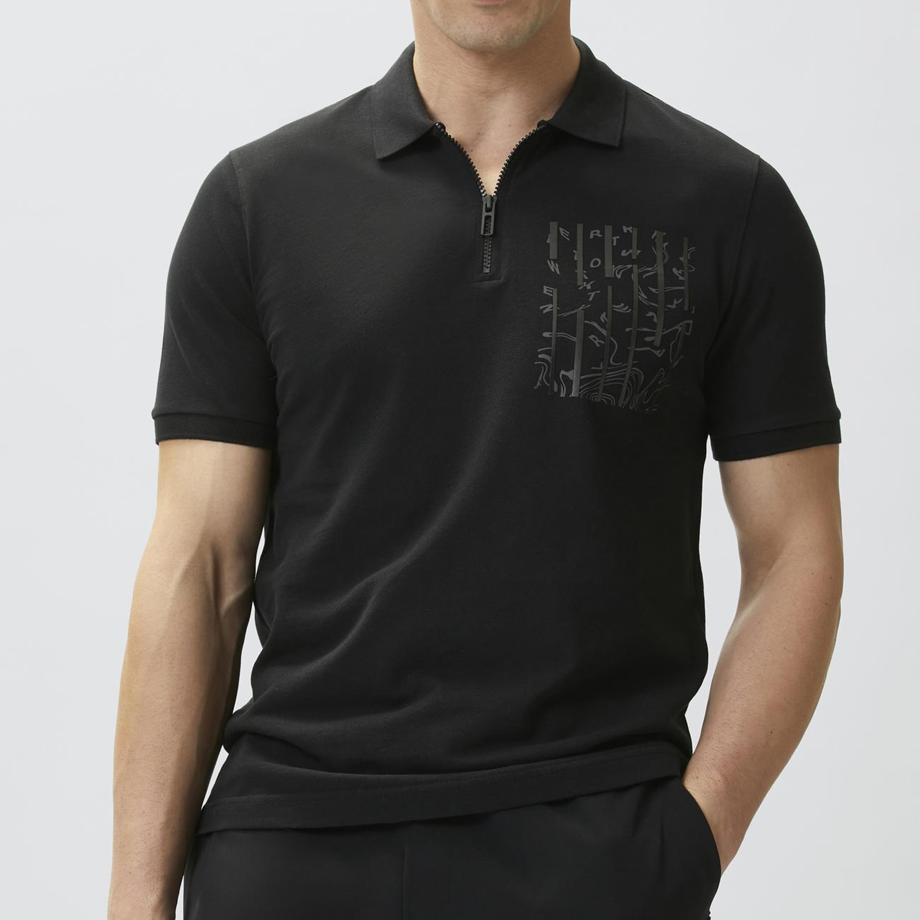 Network Erkek Siyah Süs Cep Baskı Detaylı Pike T-shirt