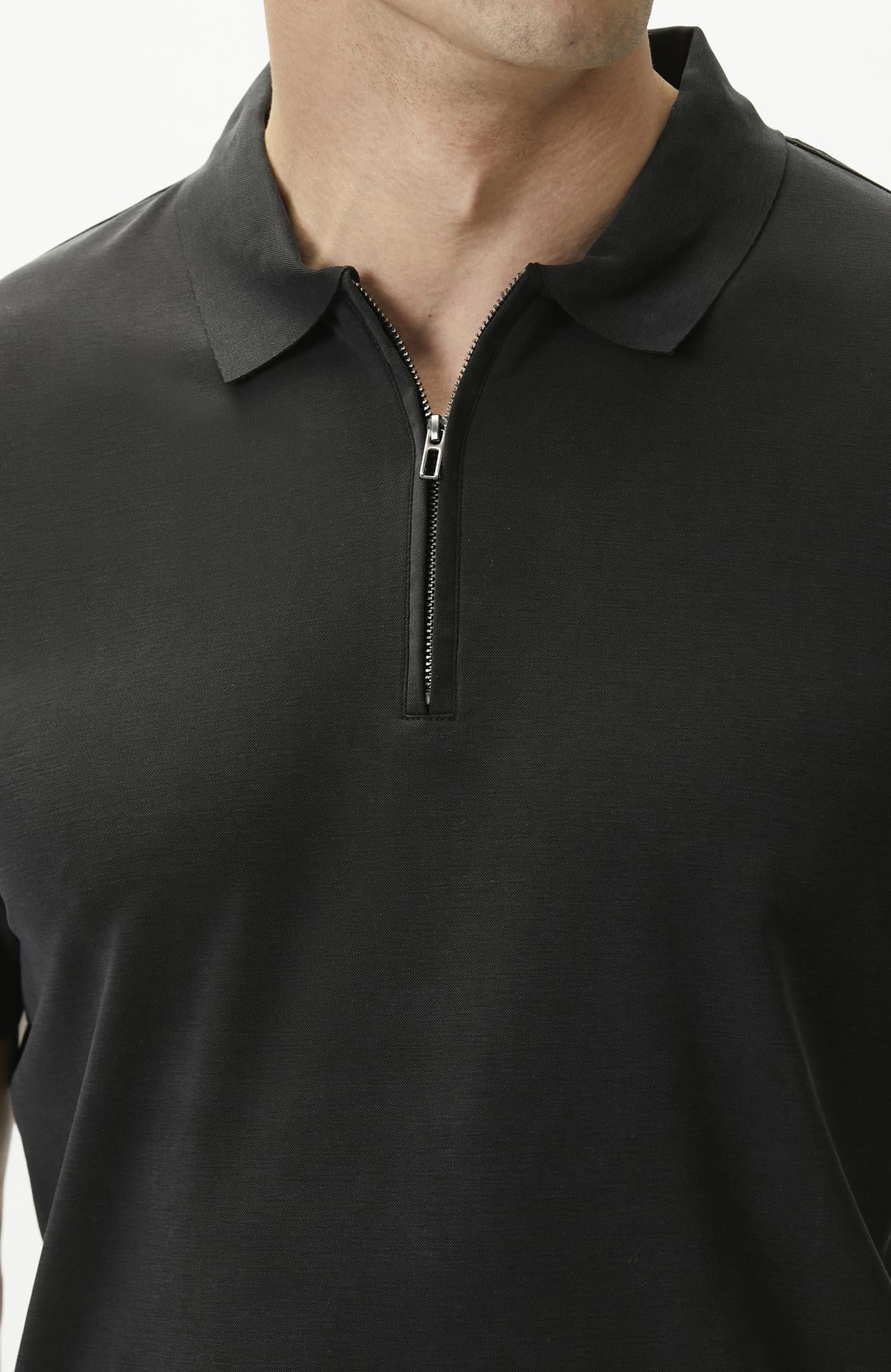 Network Erkek Siyah Fermuarlı Cupro Modal T-shirt