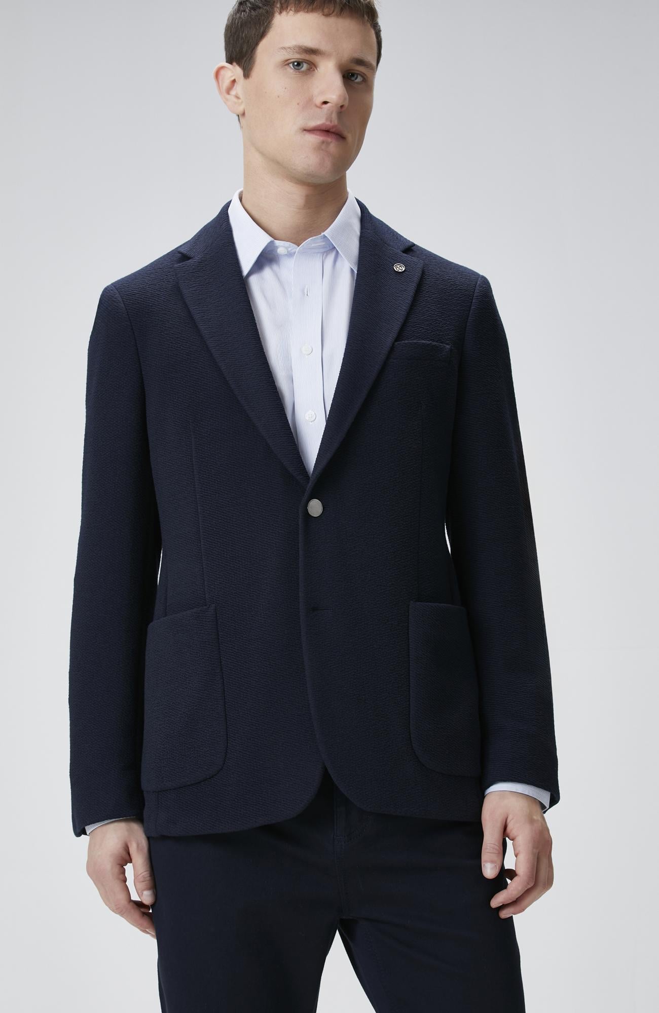 Network Erkek Lacivert Slim Fit Gofre Desen Örme Ceket