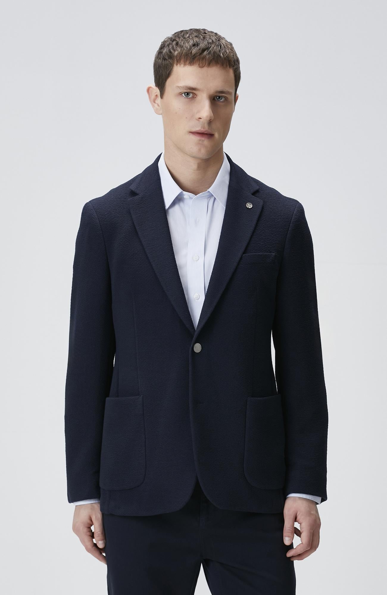 Network Erkek Lacivert Slim Fit Gofre Desen Örme Ceket