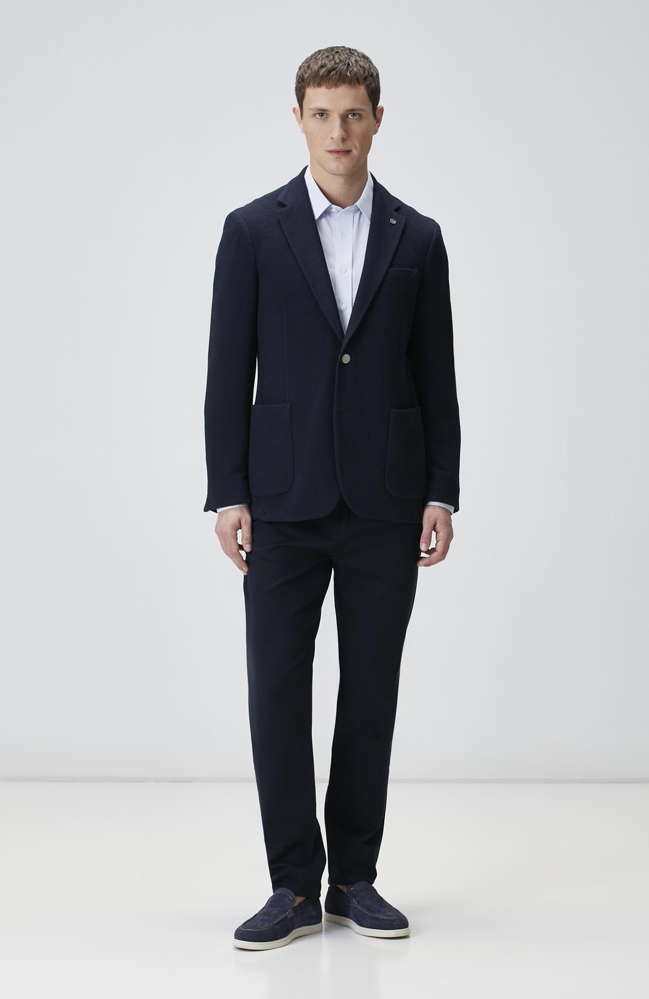 Network Erkek Lacivert Slim Fit Gofre Desen Örme Ceket