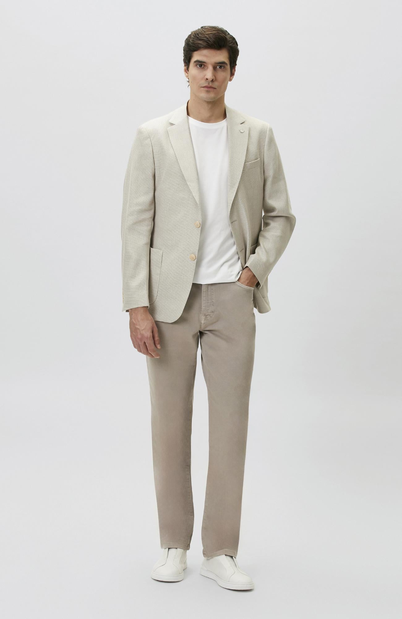 Network Erkek Slim Fit Bej Mono Yaka Jakarlı Dokuma Ceket