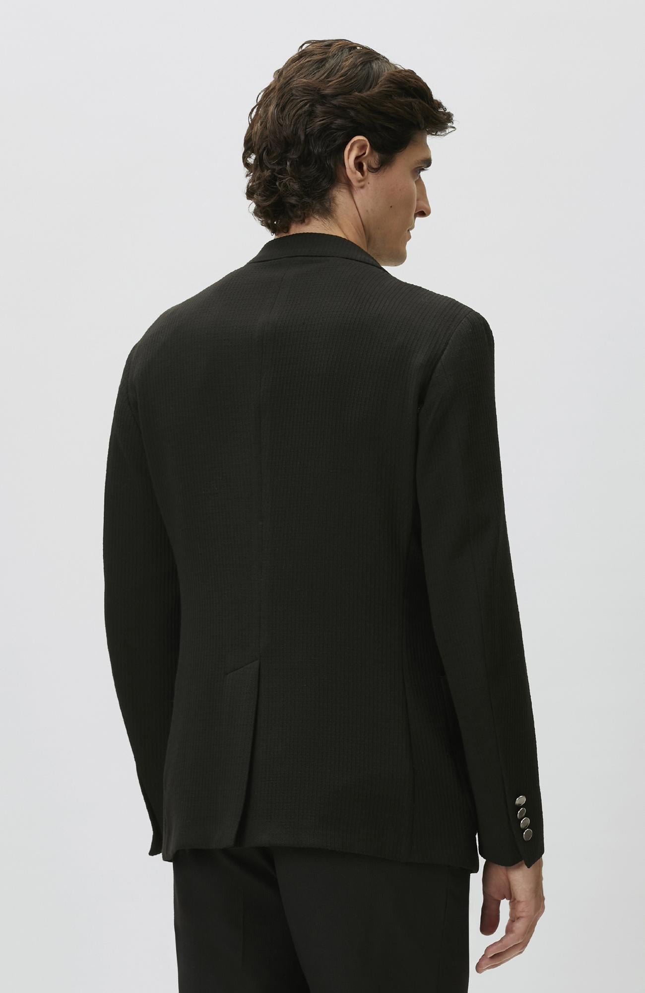 Network Erkek Slim Fit Siyah Mono Yaka Gofreli Örme Ceket