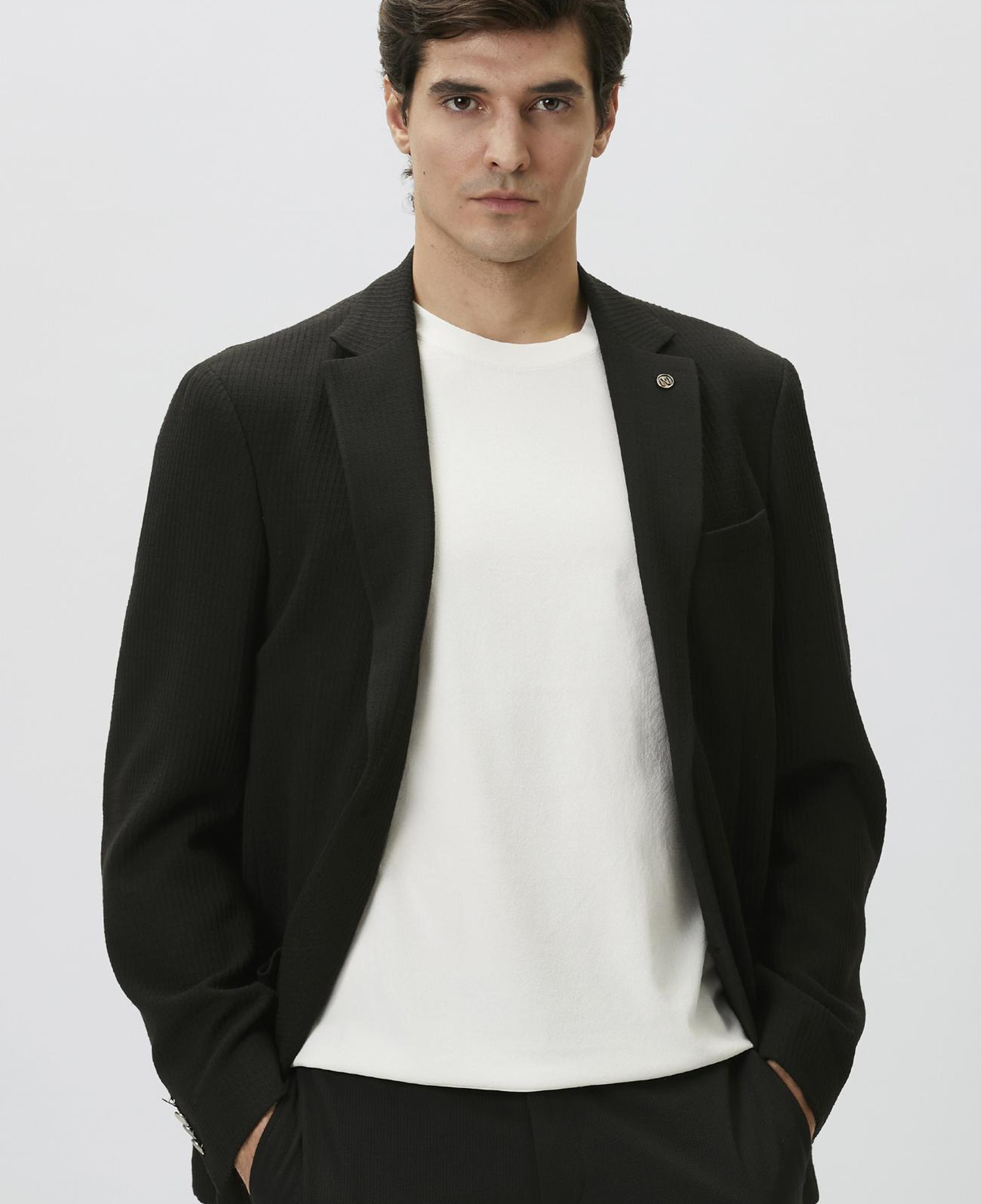 Network Erkek Slim Fit Siyah Mono Yaka Gofreli Örme Ceket