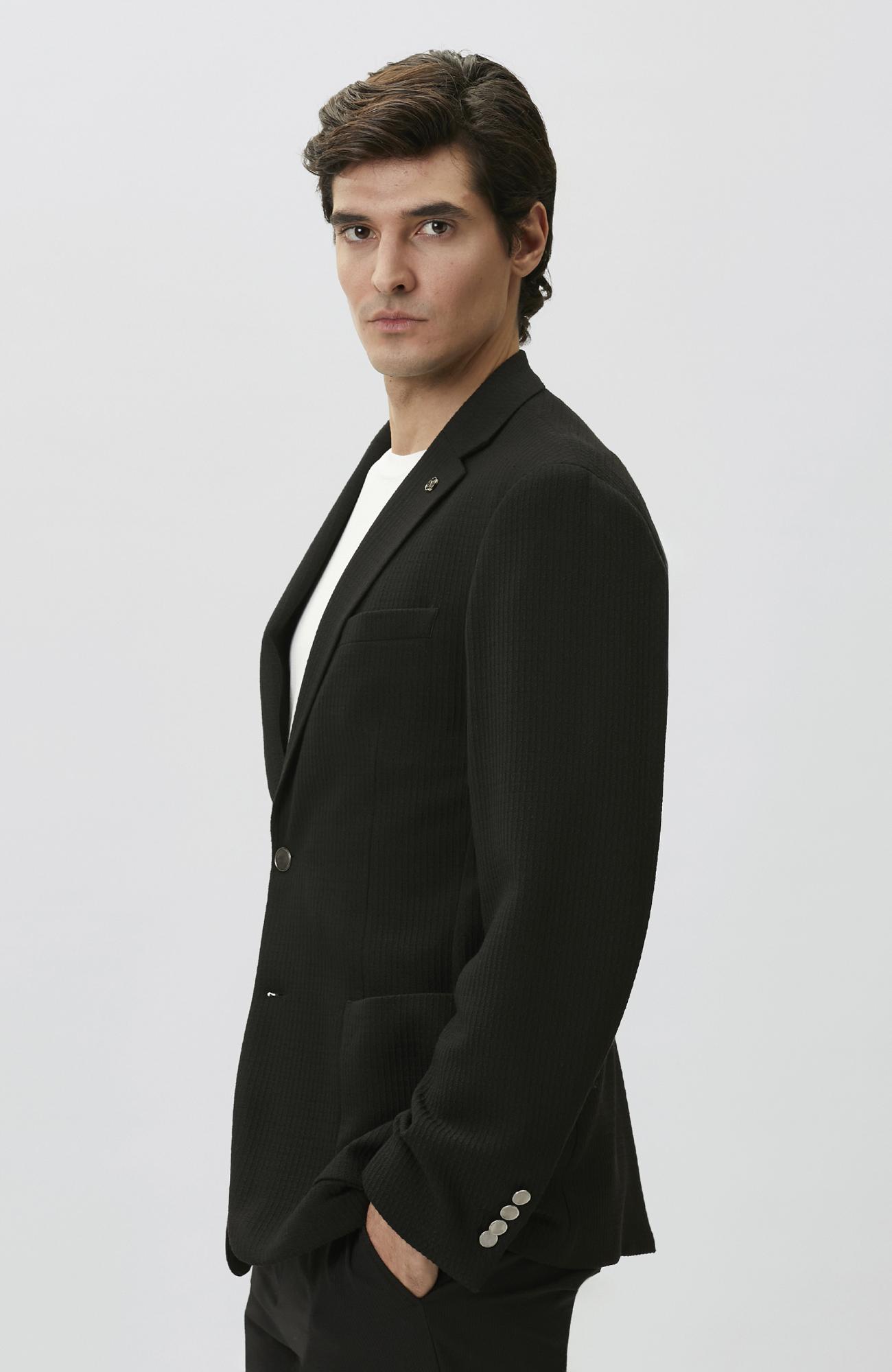 Network Erkek Slim Fit Siyah Mono Yaka Gofreli Örme Ceket