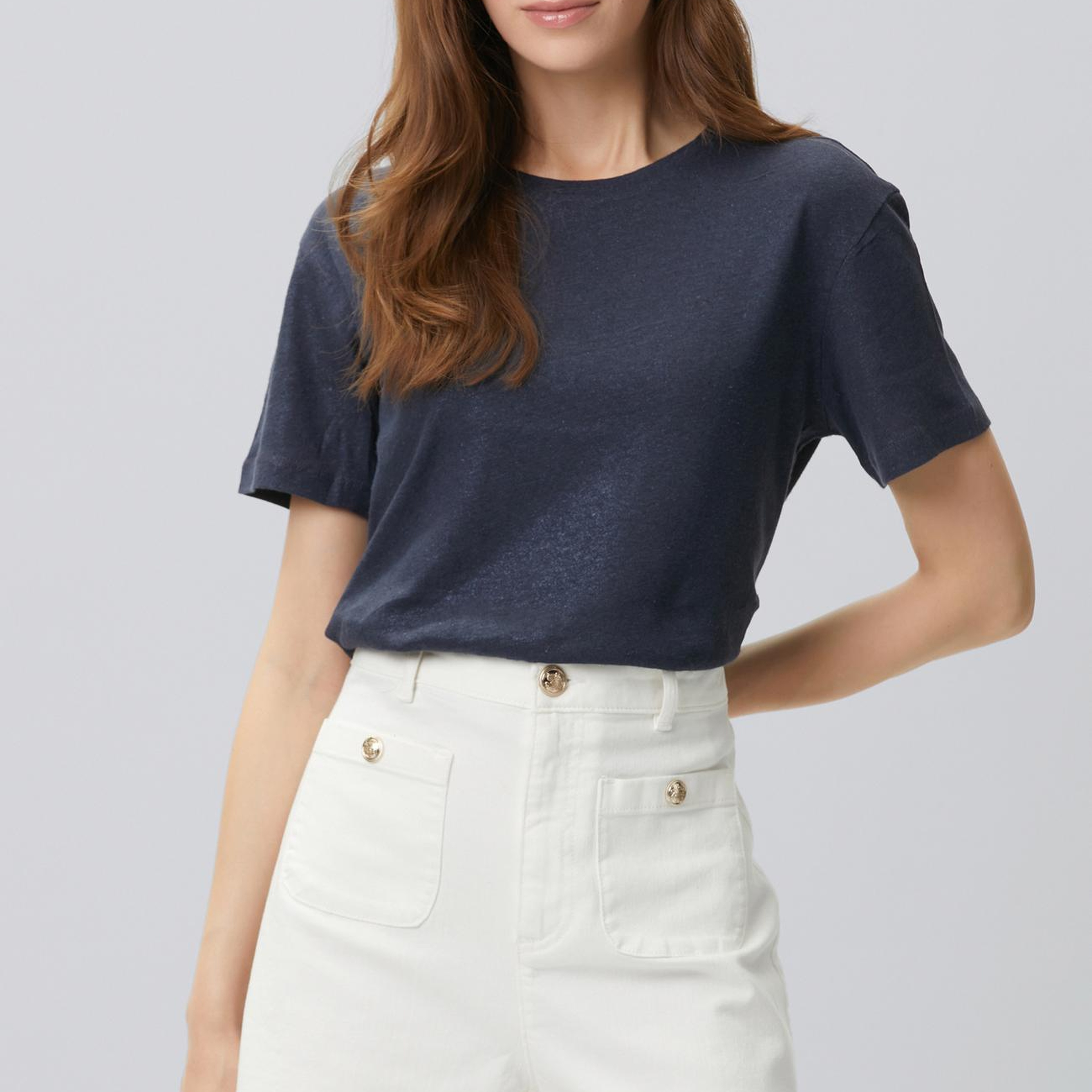 Network Kadın Lacivert Keten Mix T-shirt
