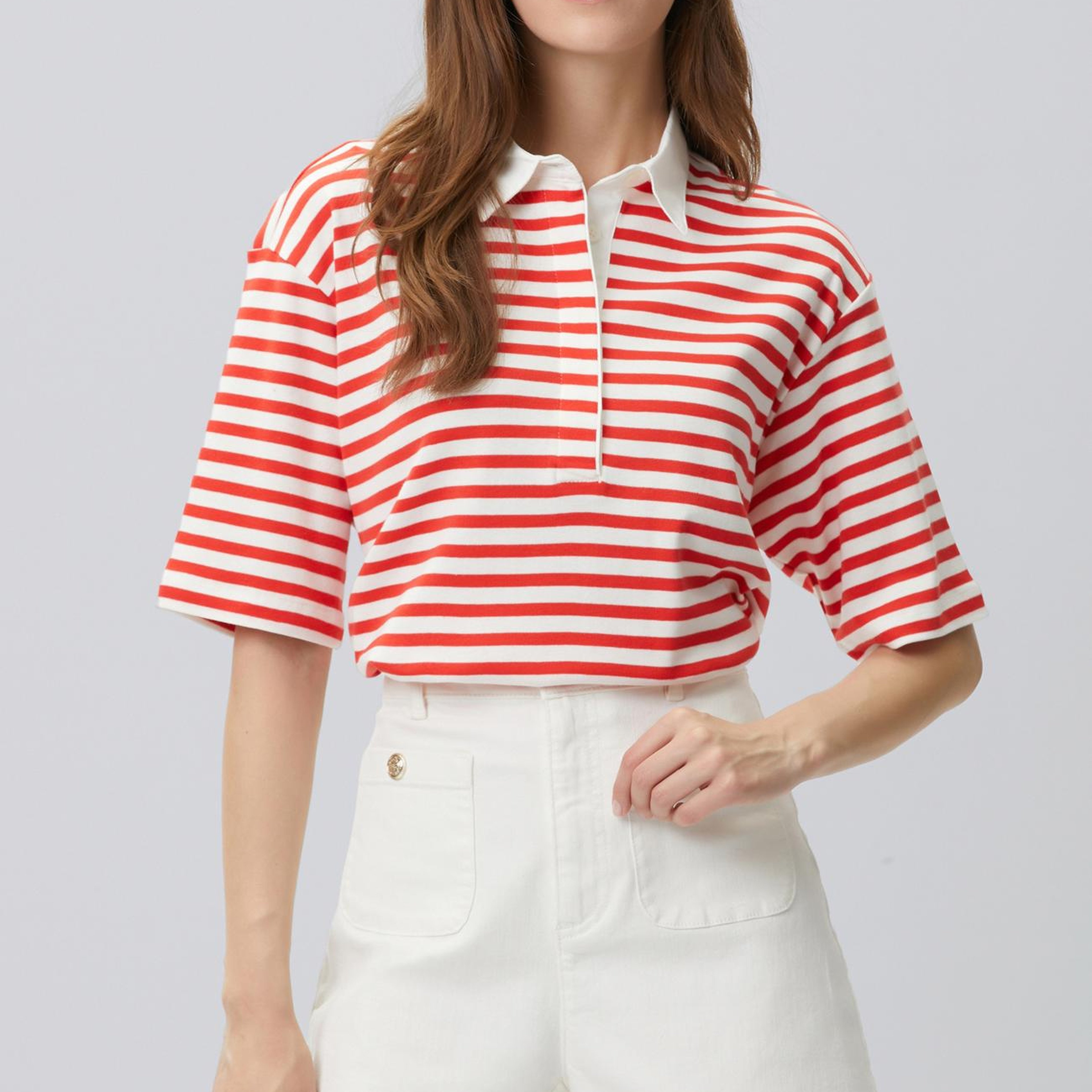 Network Kadın Kırmızı Beyaz Çizgili Polo T-shirt