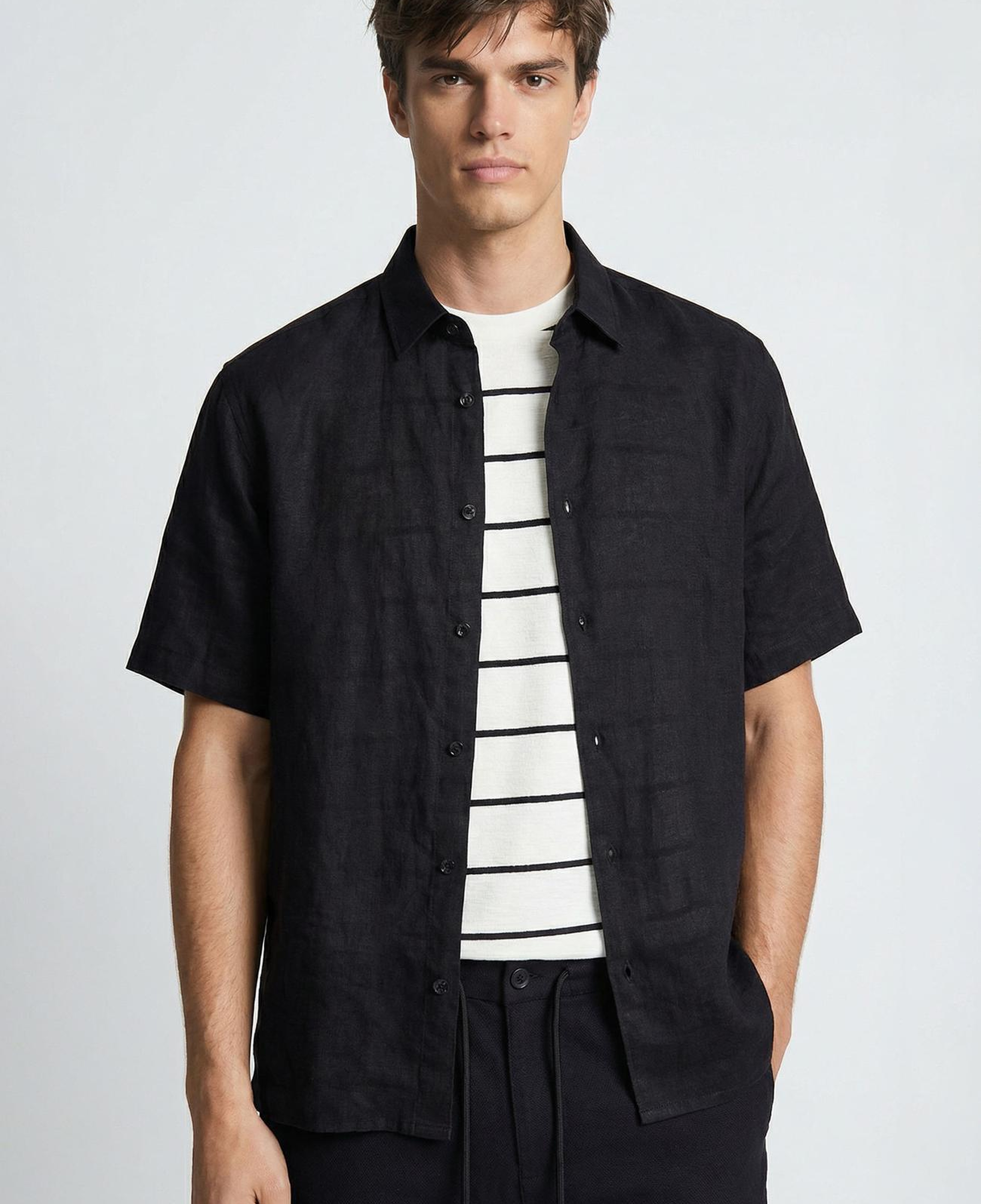 Network Erkek N-Green Relaxed Fit Siyah Keten Gömlek