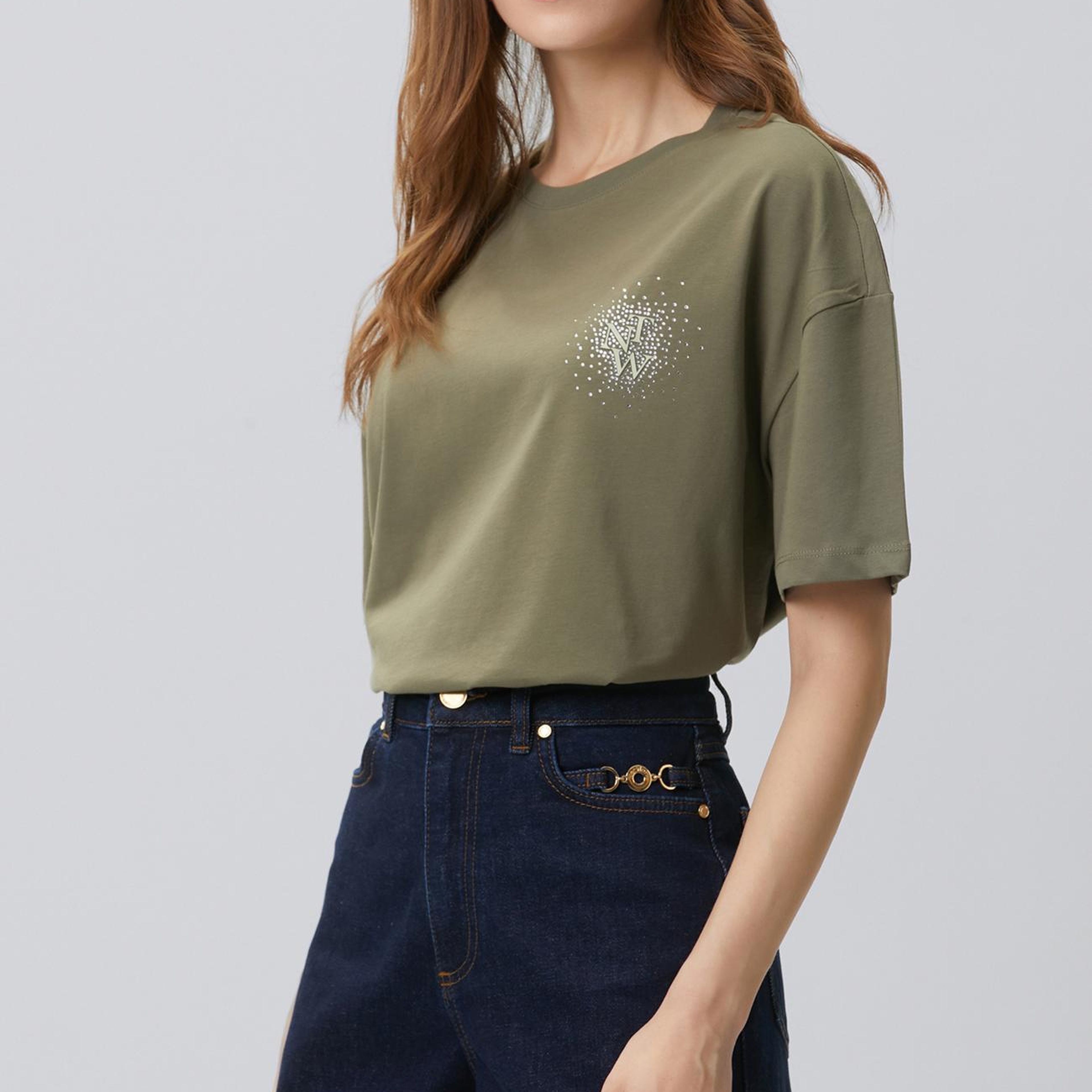 Network Kadın Haki Göğsü Taş ve Logolu Kısa Kol T-shirt