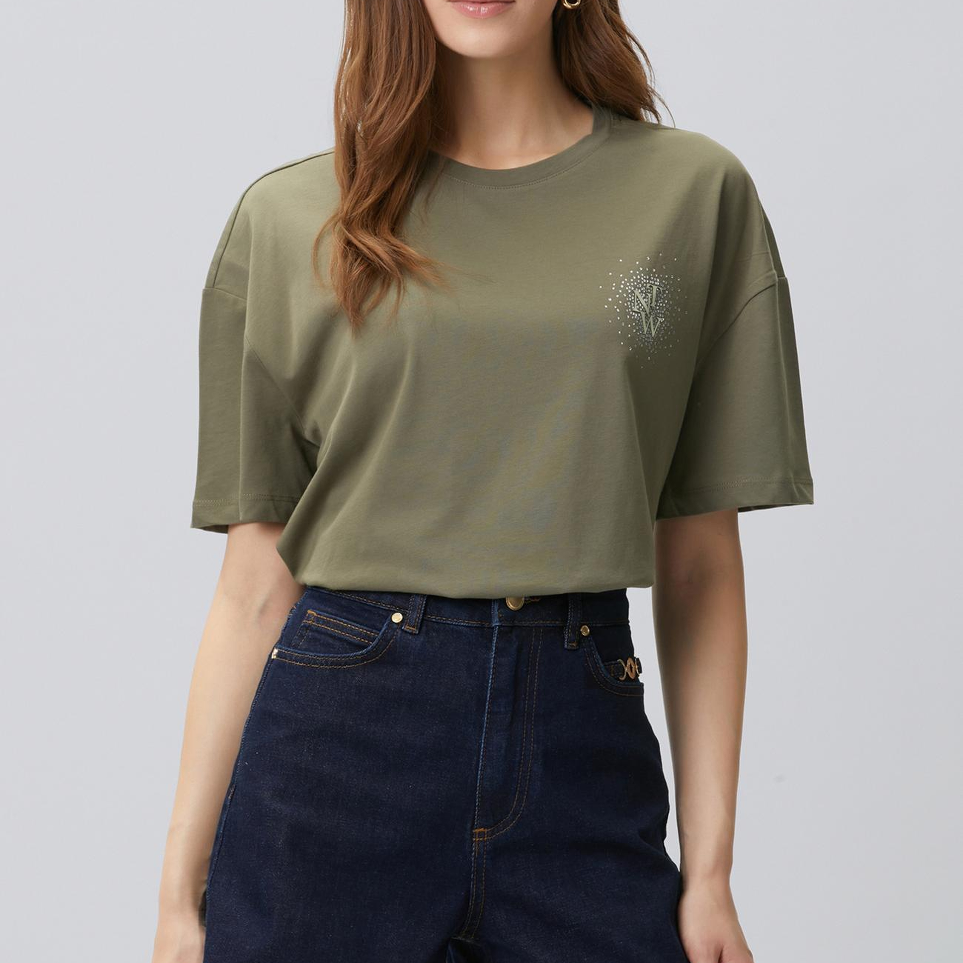 Network Kadın Haki Göğsü Taş ve Logolu Kısa Kol T-shirt