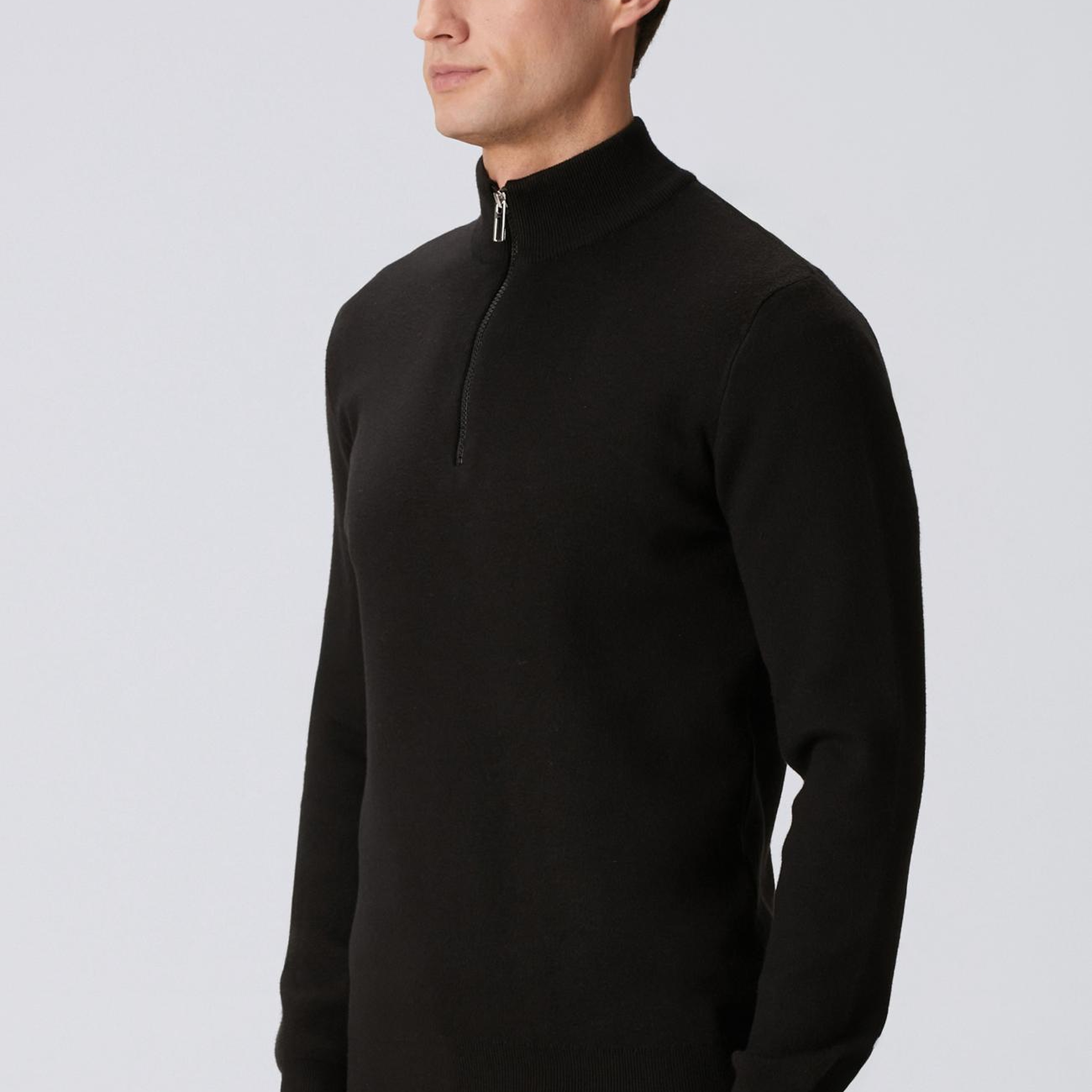Network Erkek Siyah Yakası Fermuarlı Triko Kazak