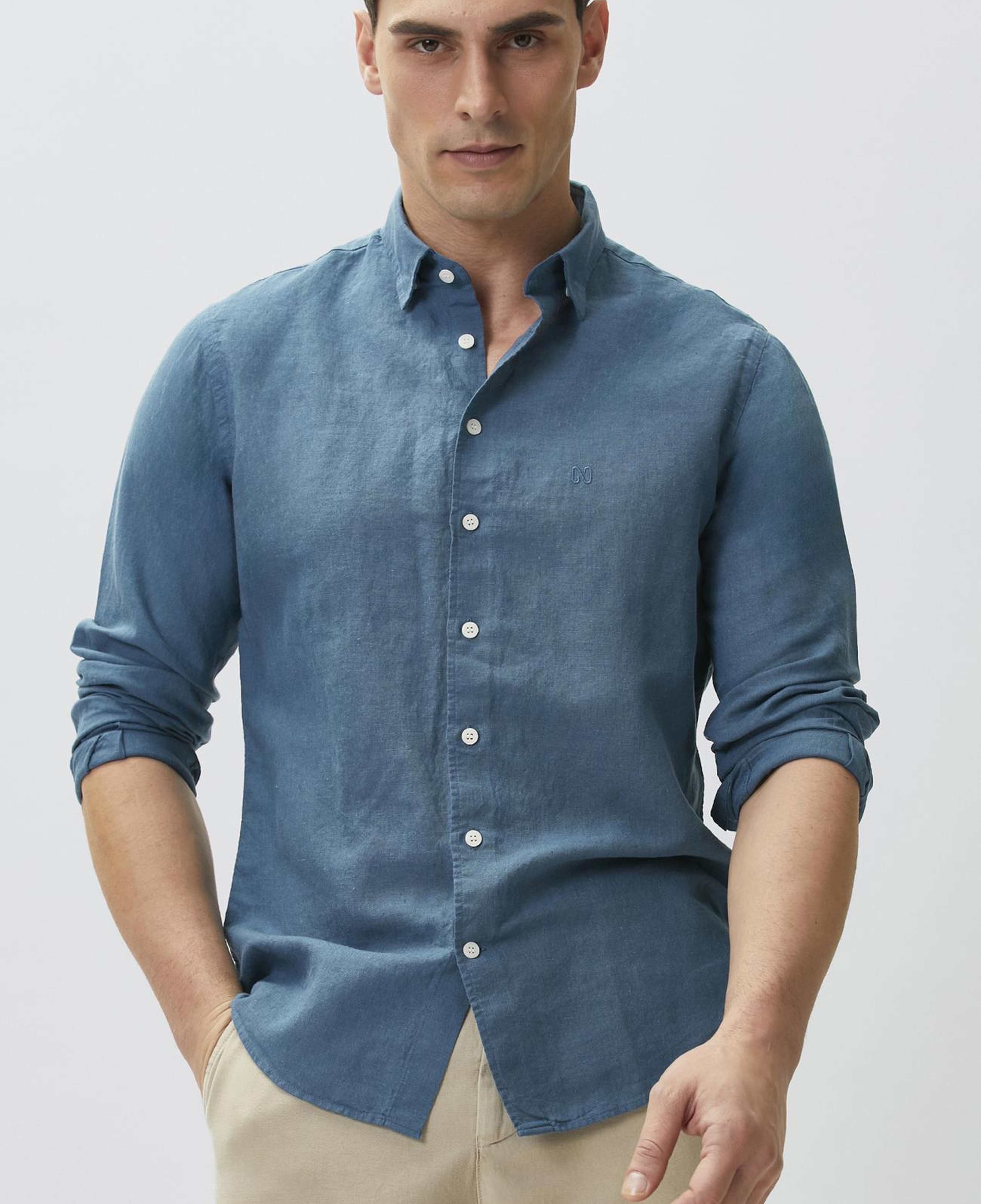 Network Erkek Slim Fit Petrol Keten Gömlek