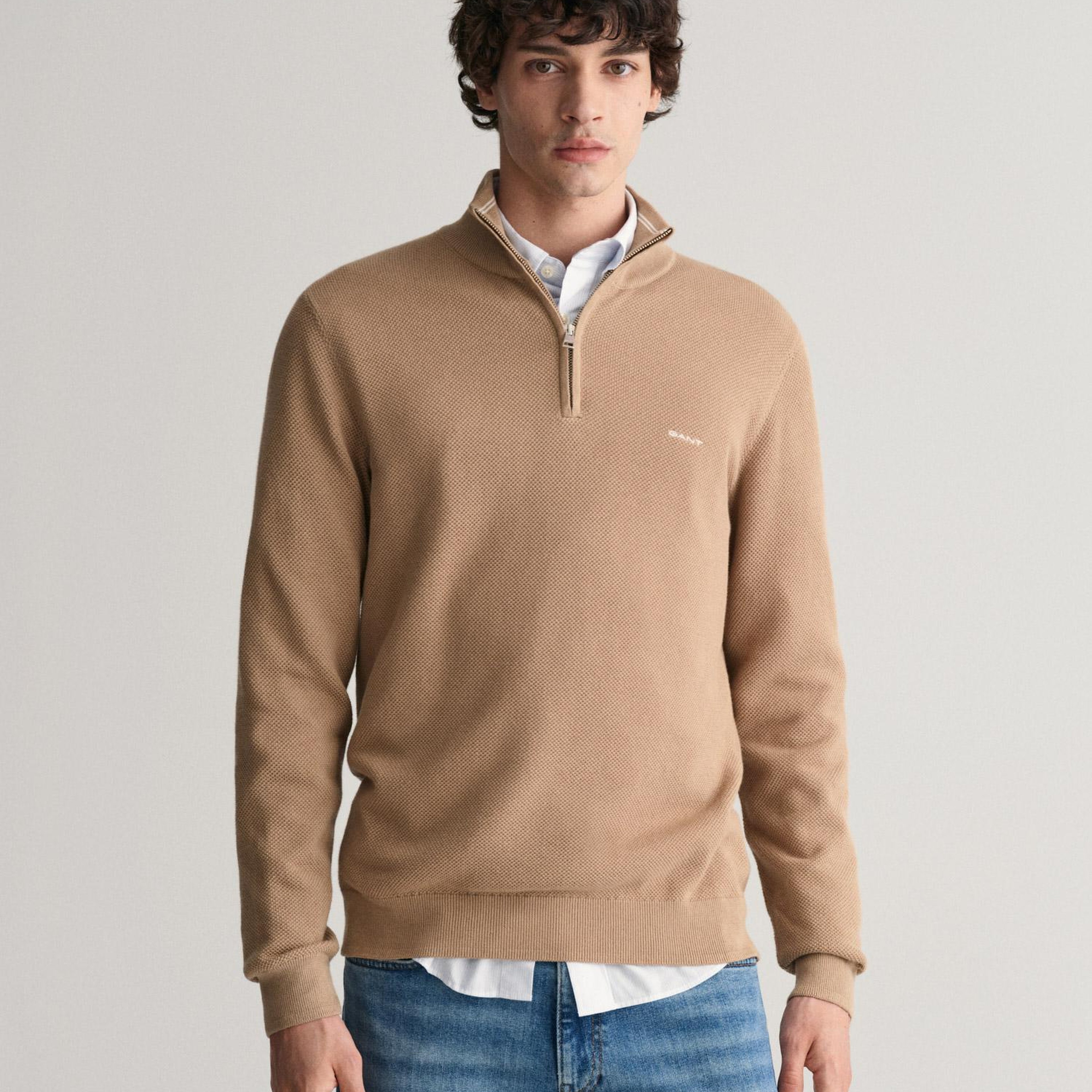 GANT Erkek Bej Regular Fit Yarım Fermuarlı Kazak
