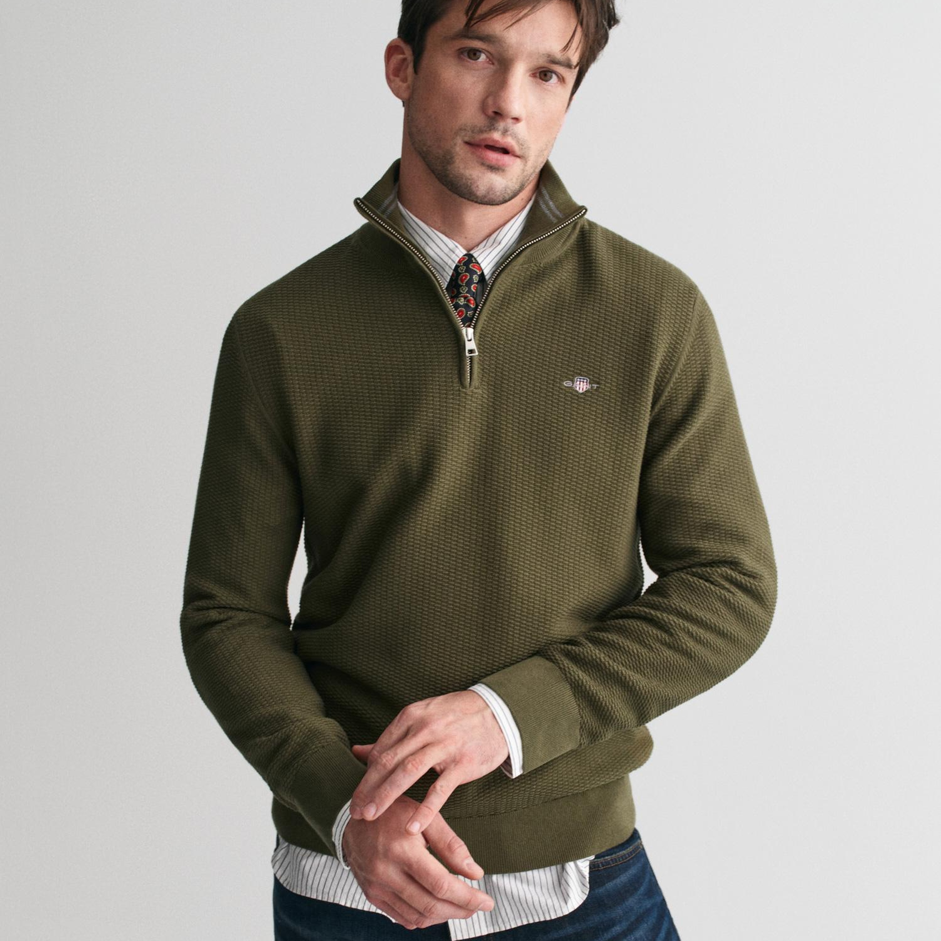 GANT Erkek Yeşil Regular Fit Yarım Fermuarlı Kazak