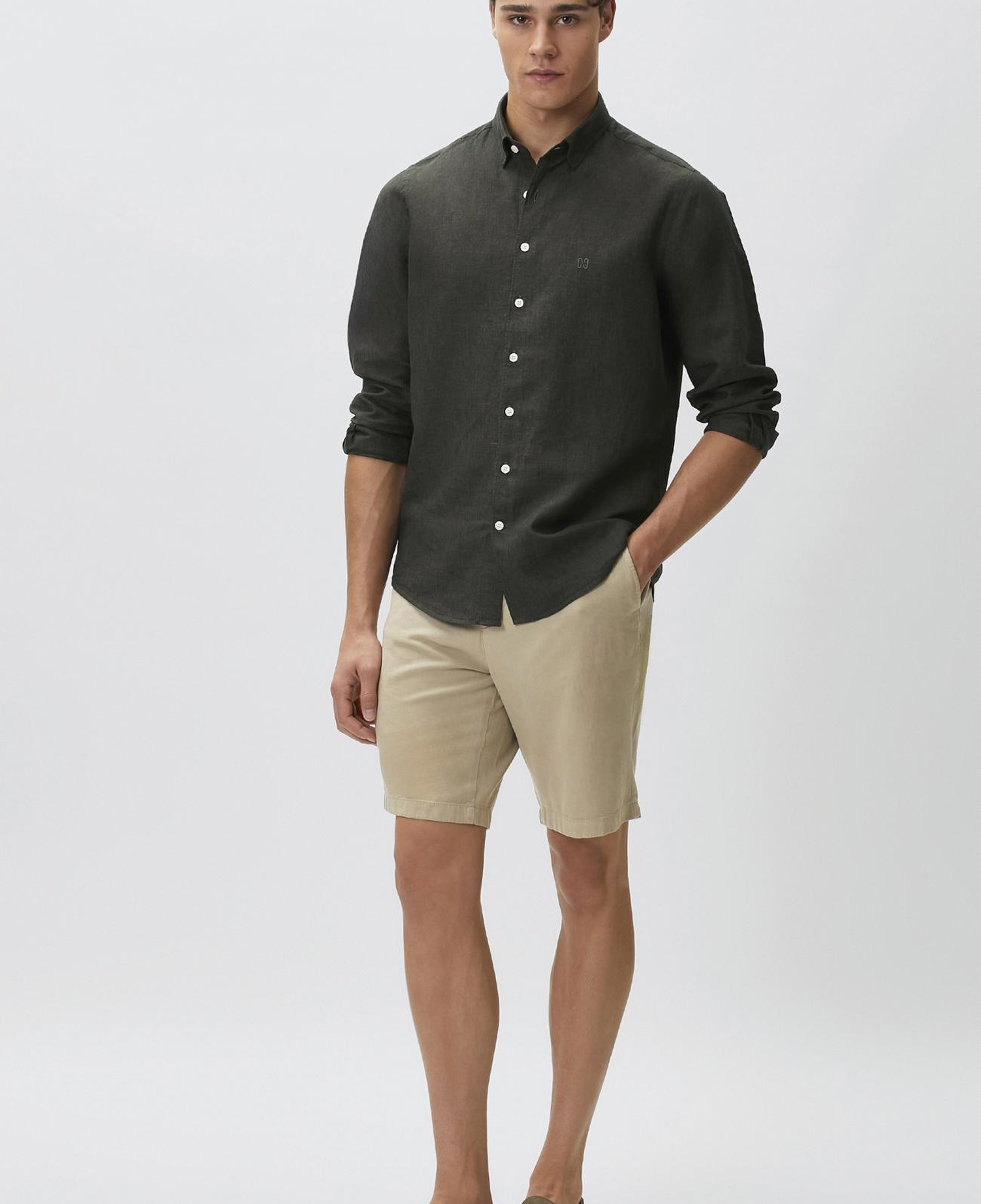 Network Erkek Slim Fit Haki Keten Gömlek