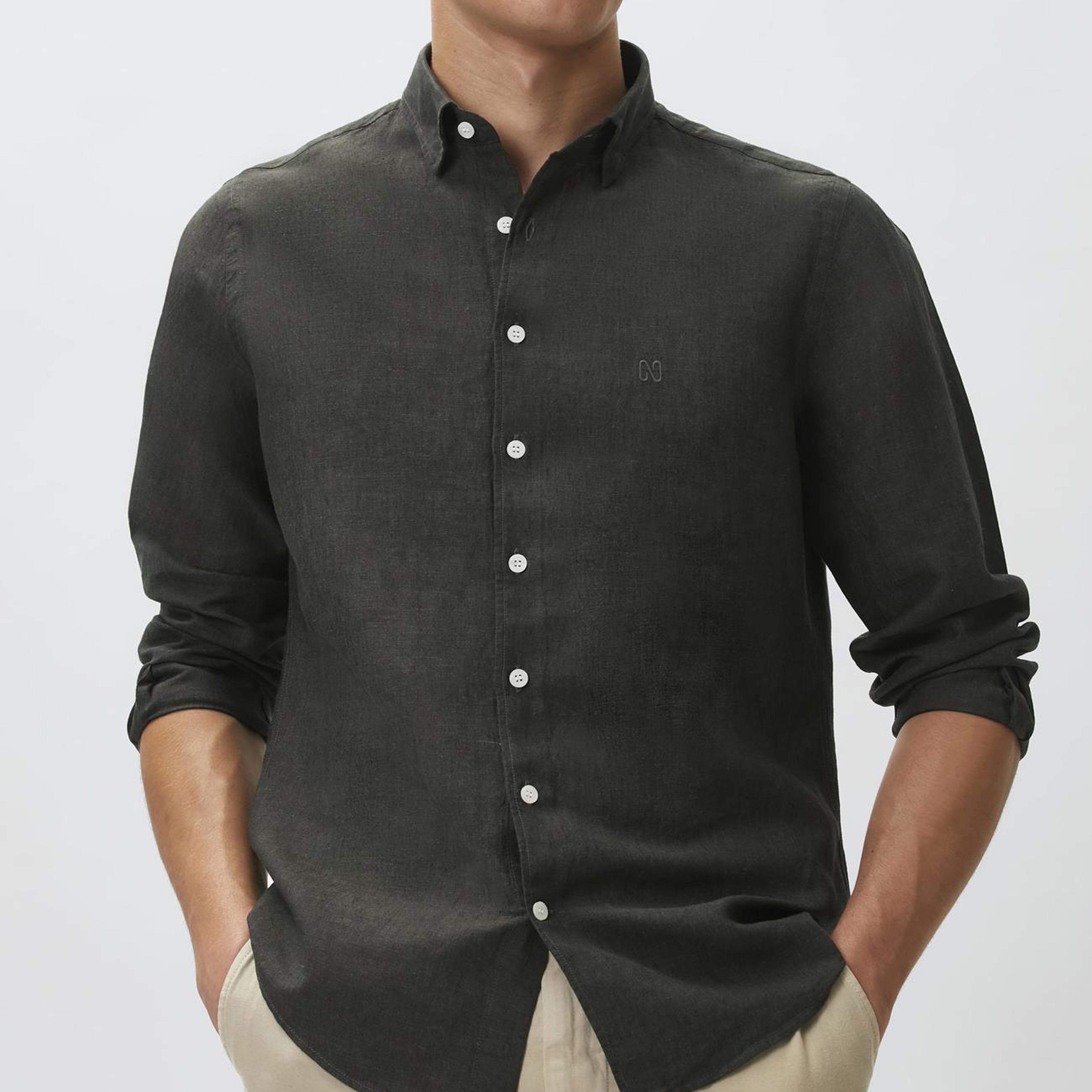 Network Erkek Slim Fit Haki Keten Gömlek