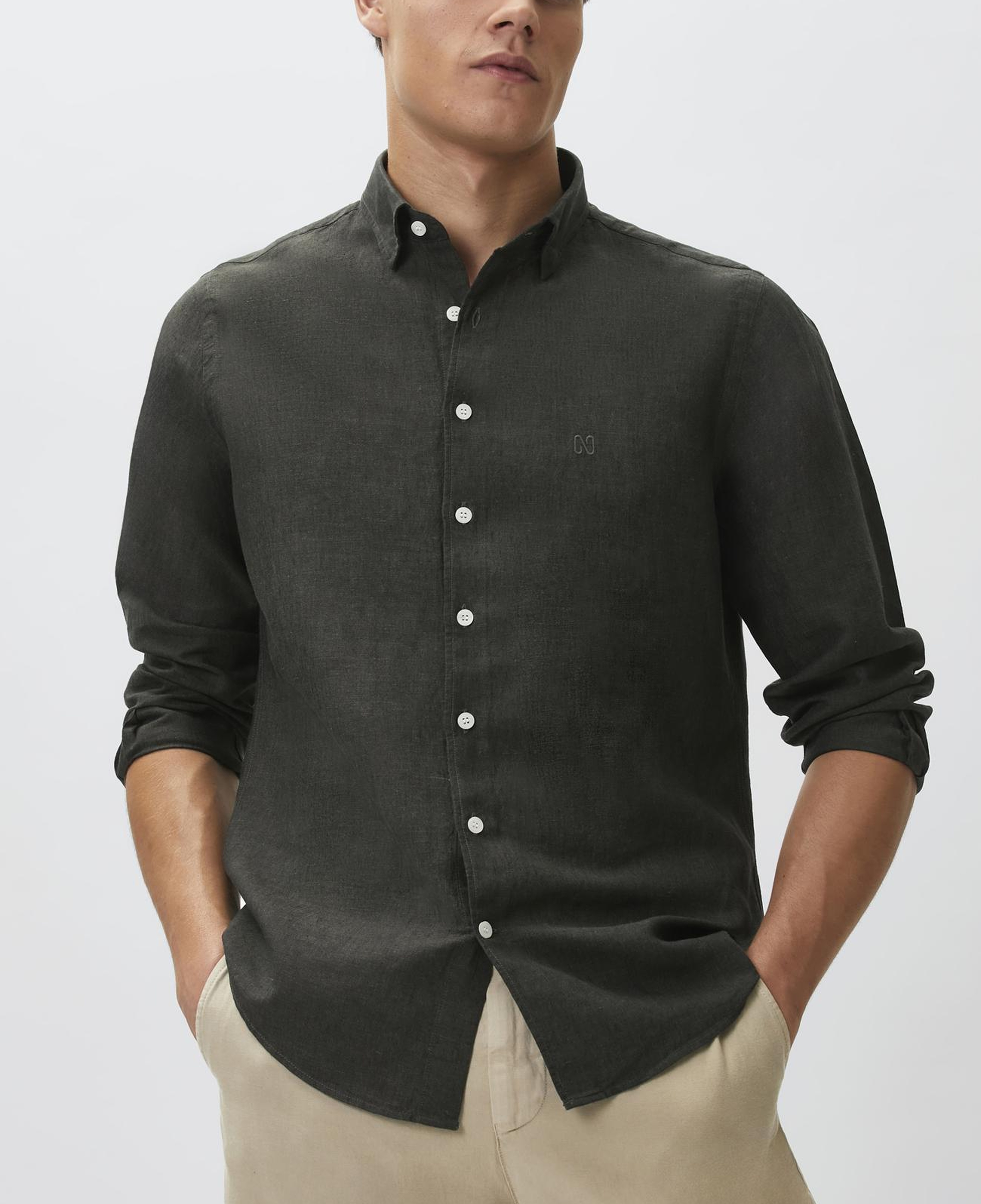 Network Erkek Slim Fit Haki Keten Gömlek