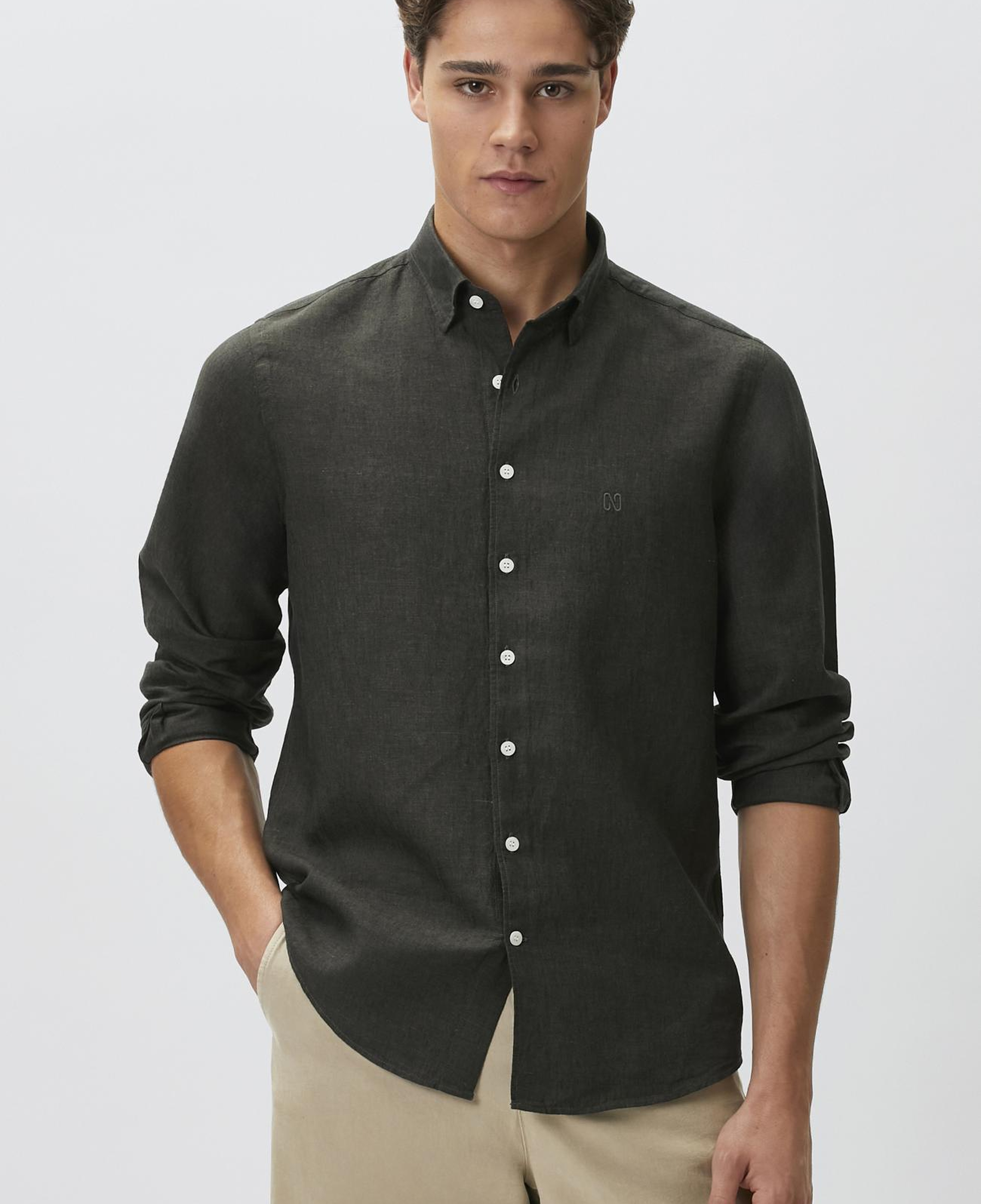 Network Erkek Slim Fit Haki Keten Gömlek