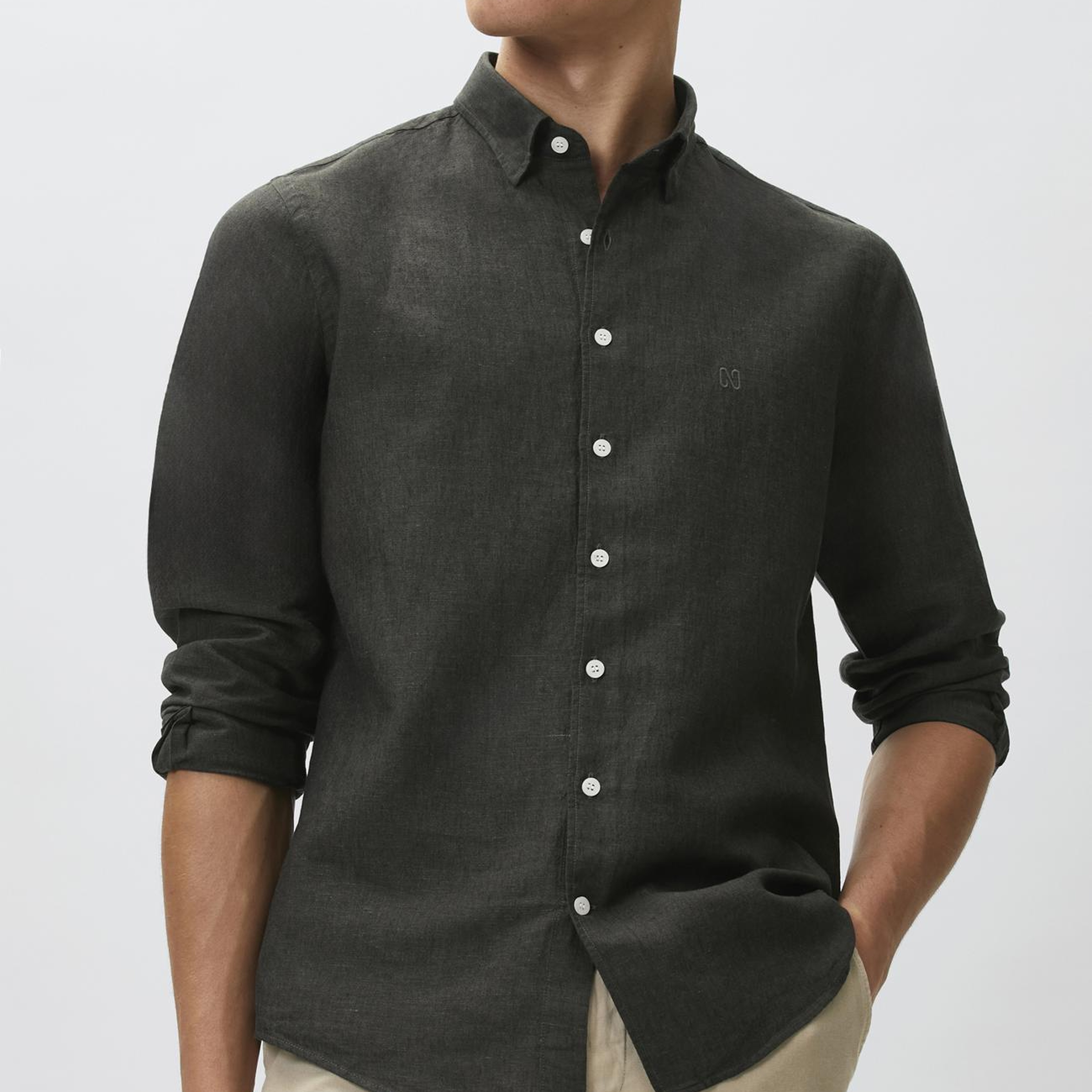 Network Erkek Slim Fit Haki Keten Gömlek