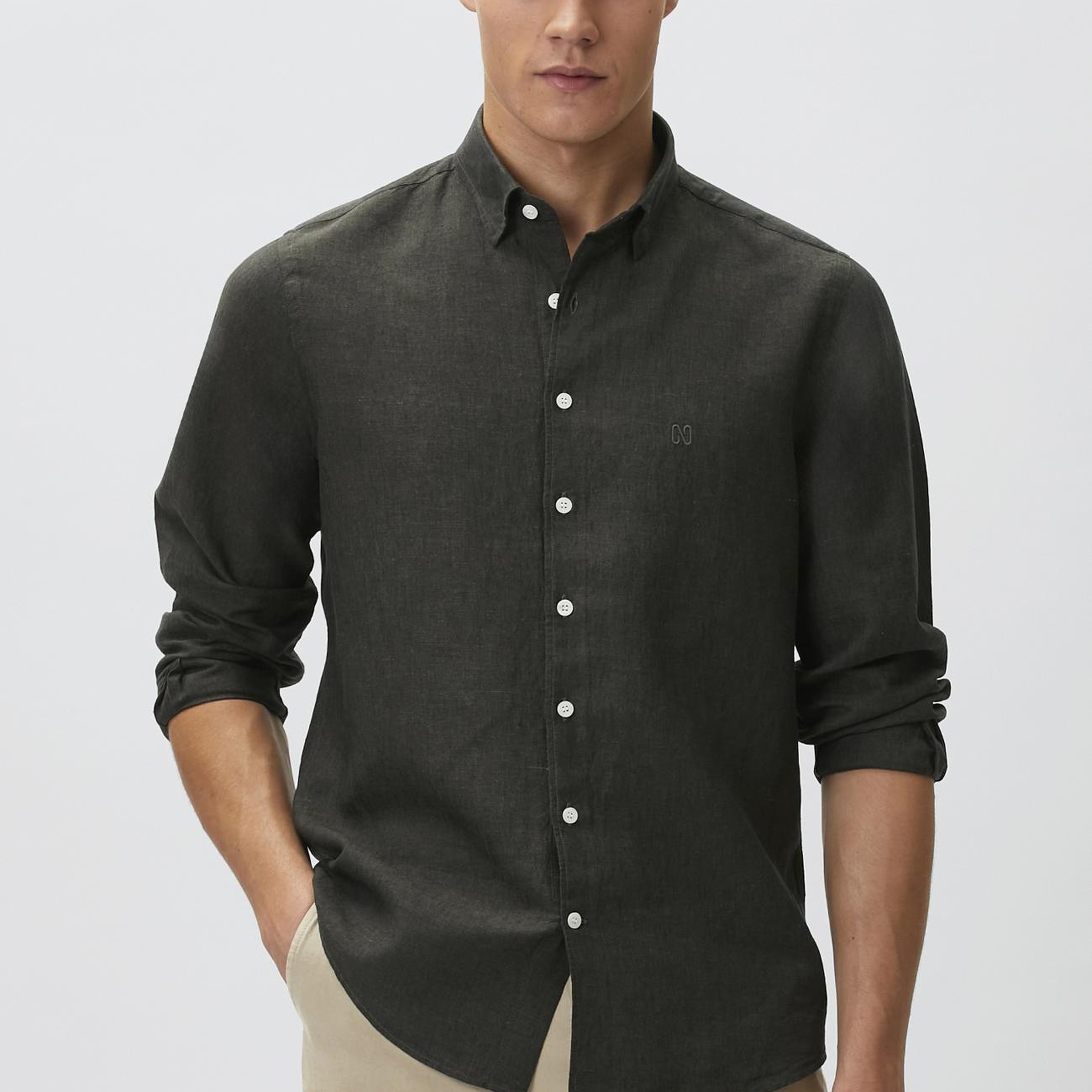 Network Erkek Slim Fit Haki Keten Gömlek