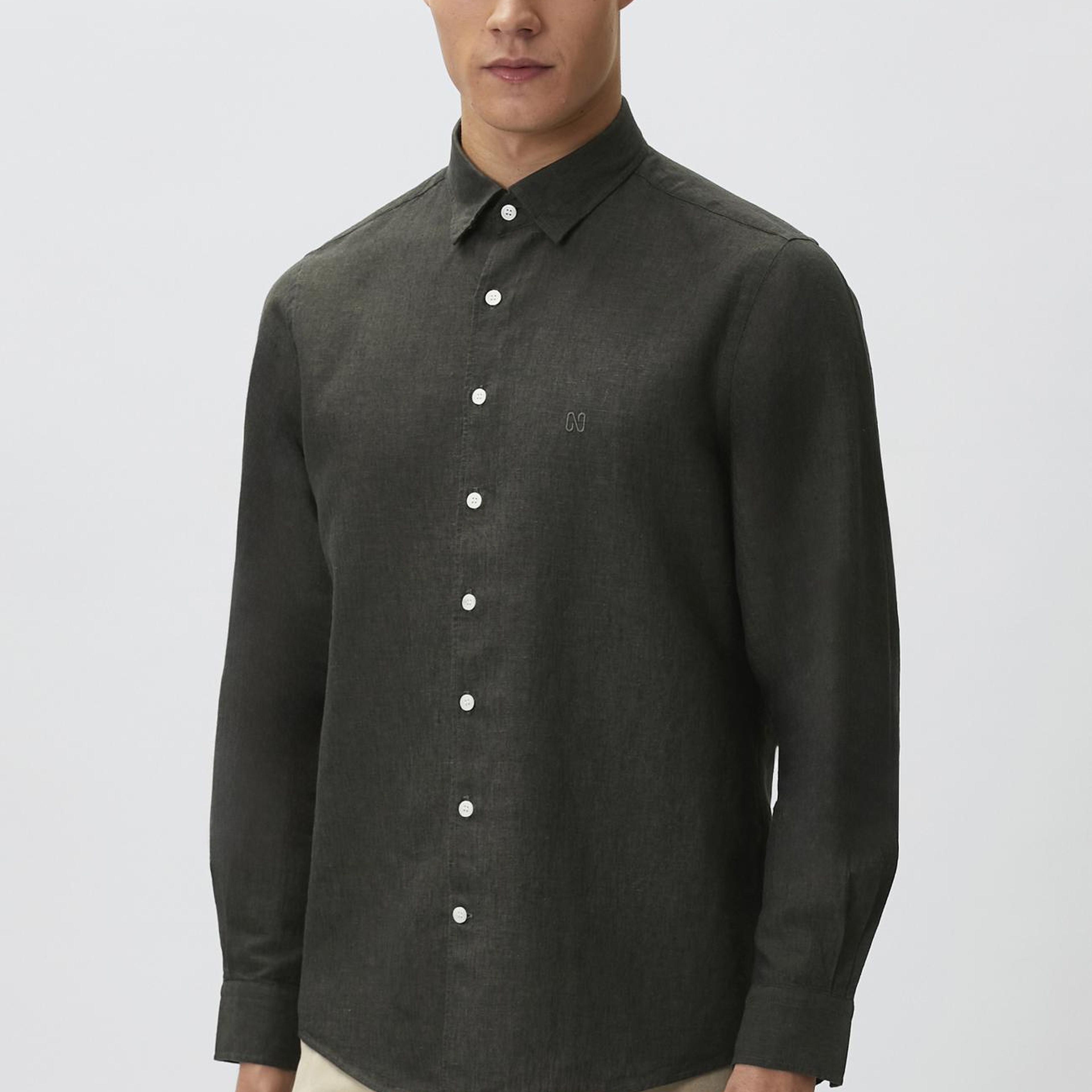 Network Erkek Slim Fit Haki Keten Gömlek