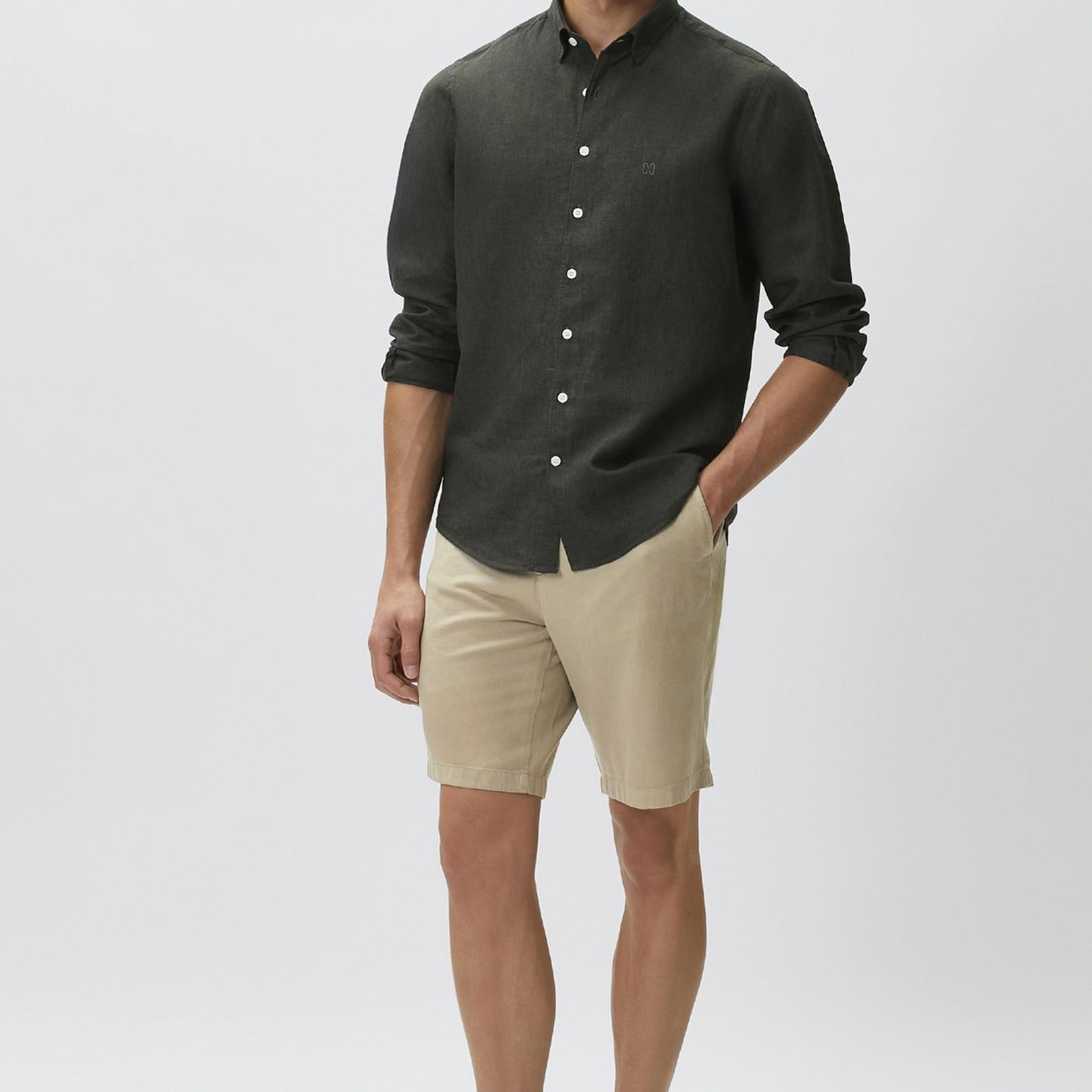 Network Erkek Slim Fit Haki Keten Gömlek