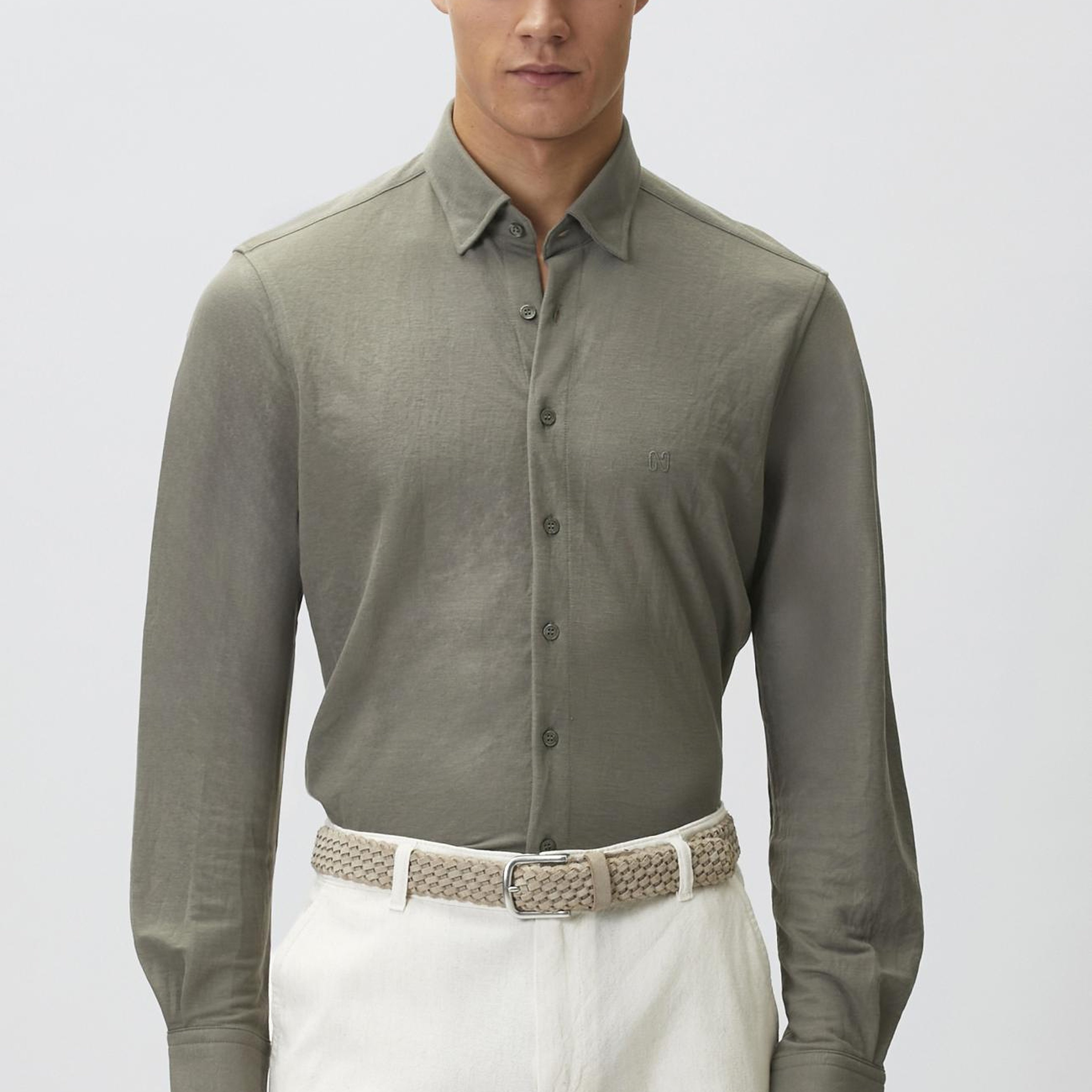 Network Erkek Slim Fit Haki Uzun Kol Örme Gömlek