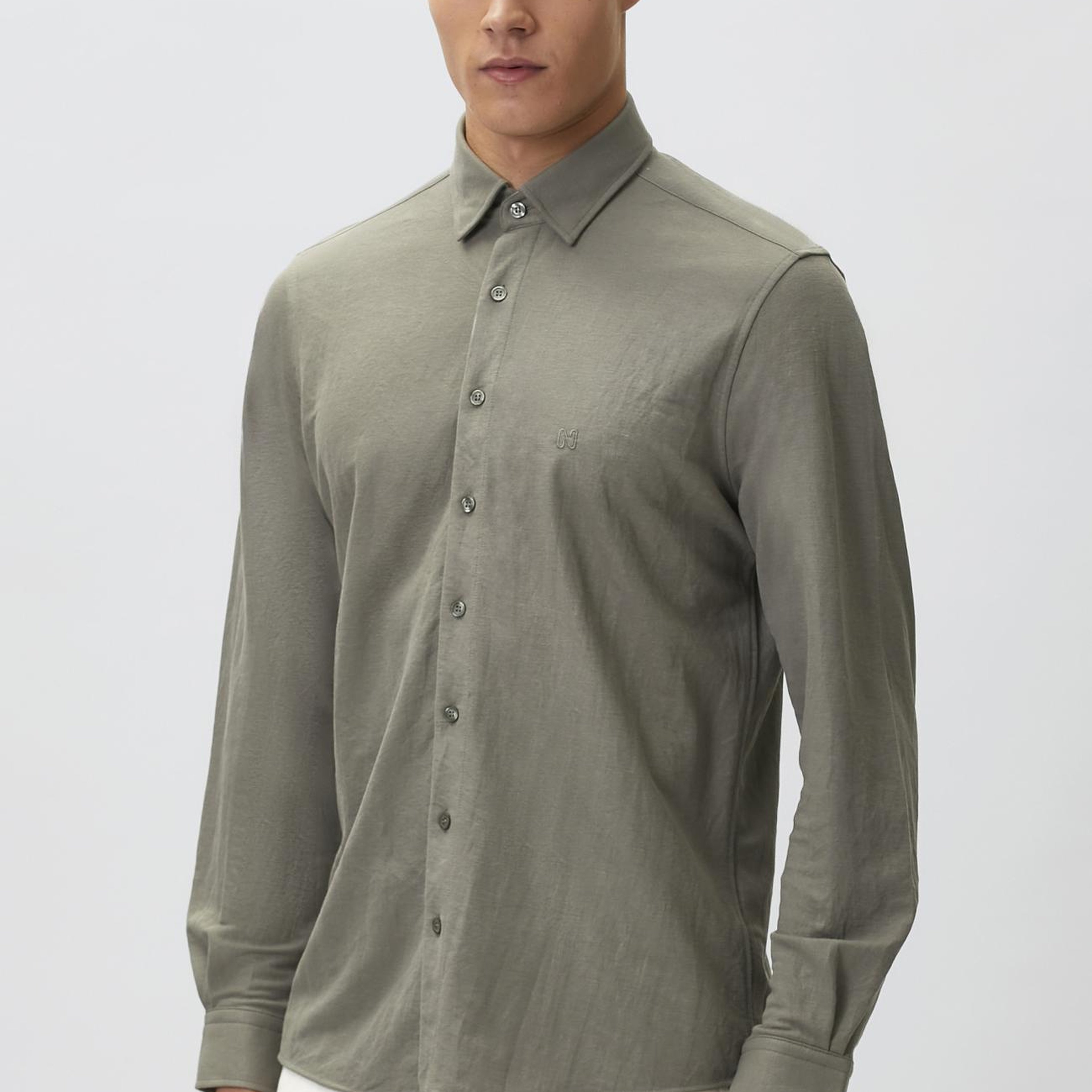Network Erkek Slim Fit Haki Uzun Kol Örme Gömlek