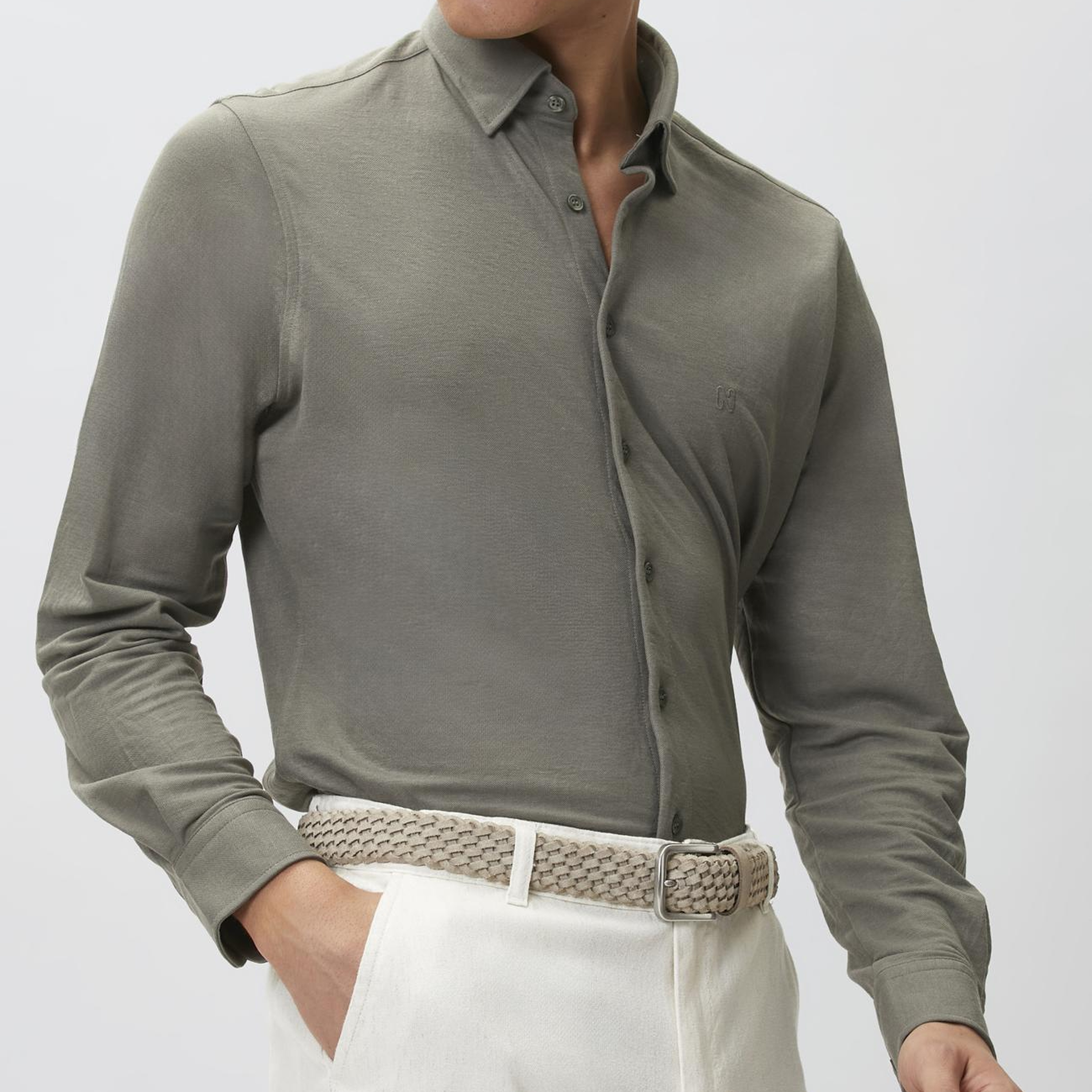 Network Erkek Slim Fit Haki Uzun Kol Örme Gömlek