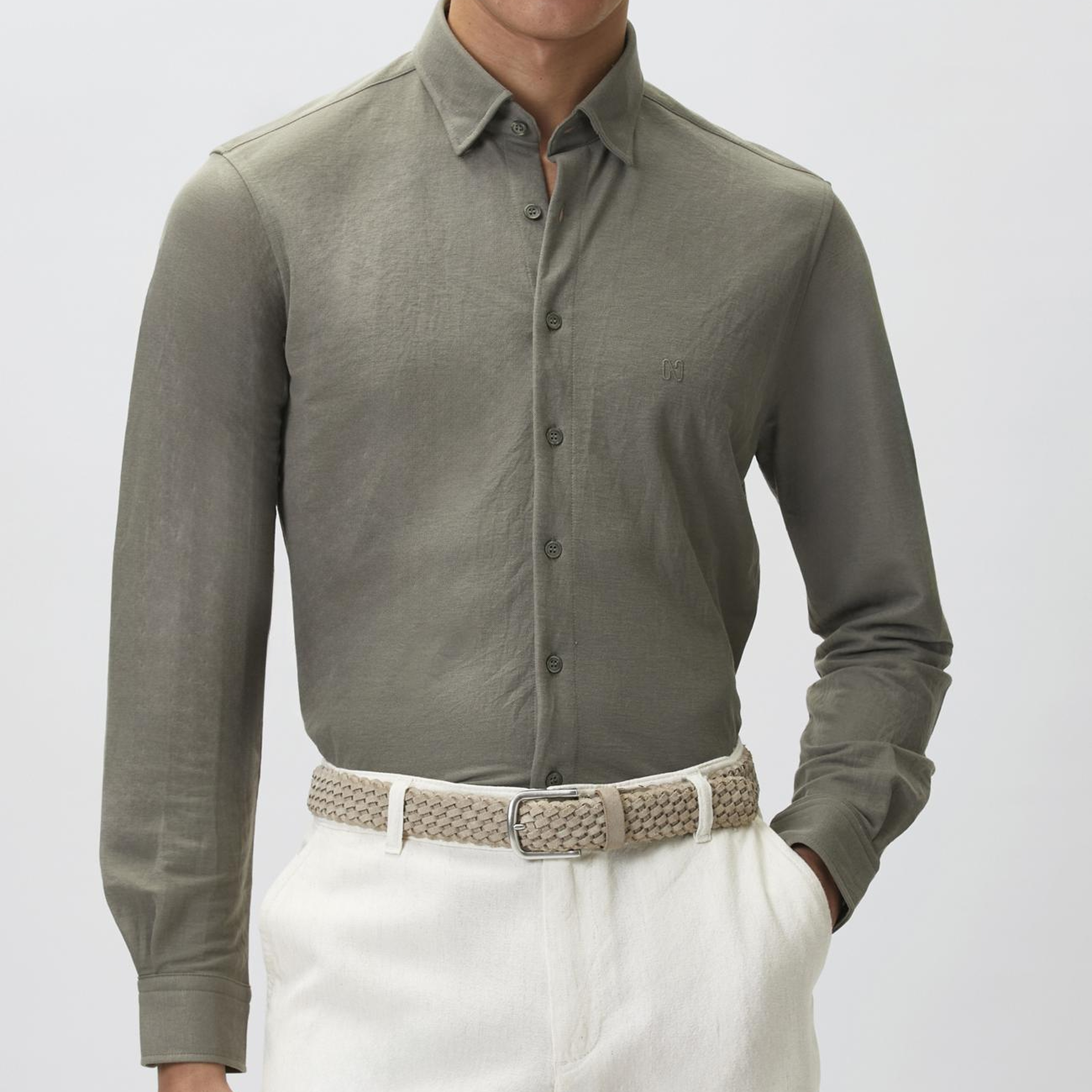 Network Erkek Slim Fit Haki Uzun Kol Örme Gömlek