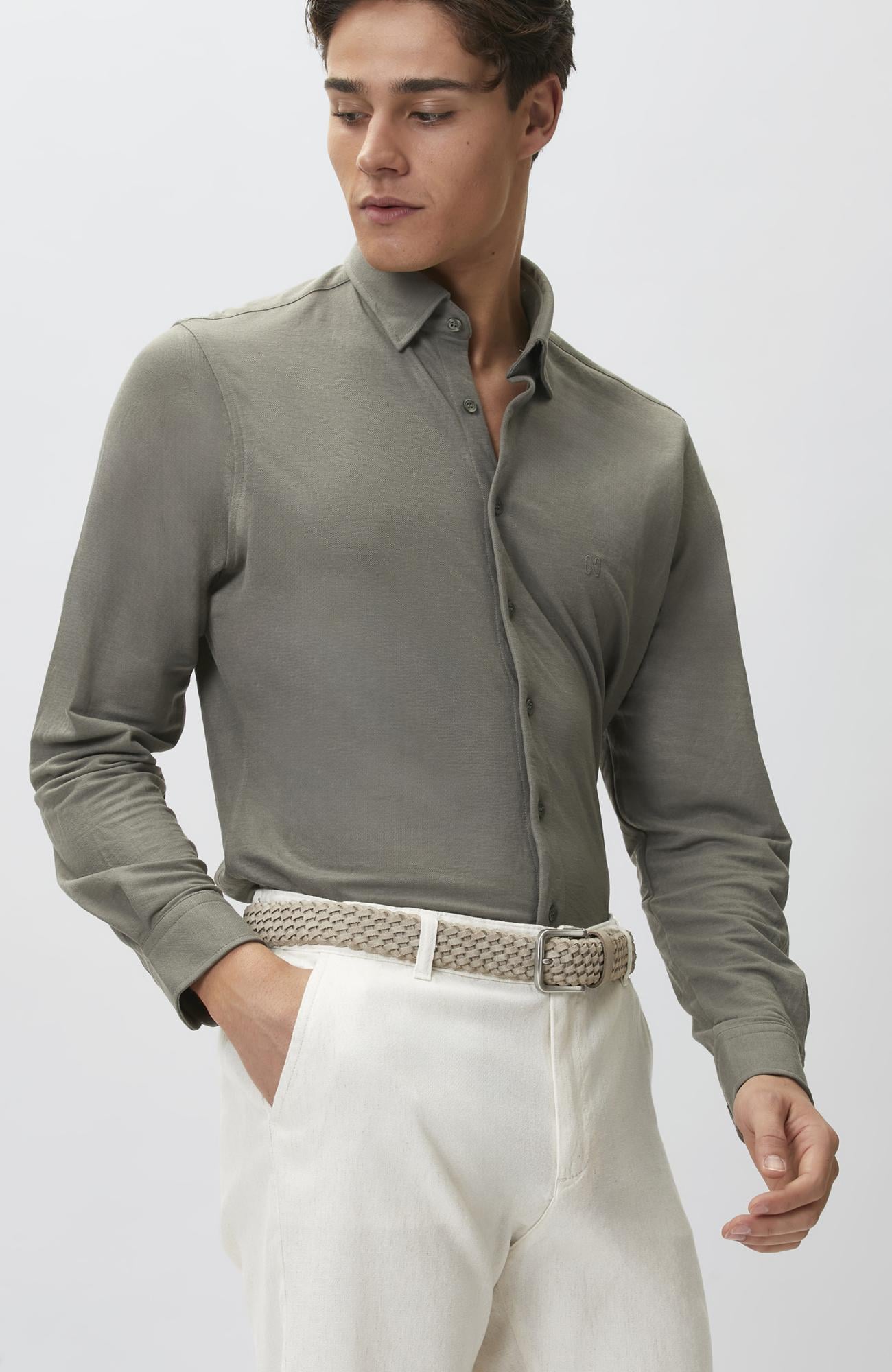 Network Erkek Slim Fit Haki Uzun Kol Örme Gömlek