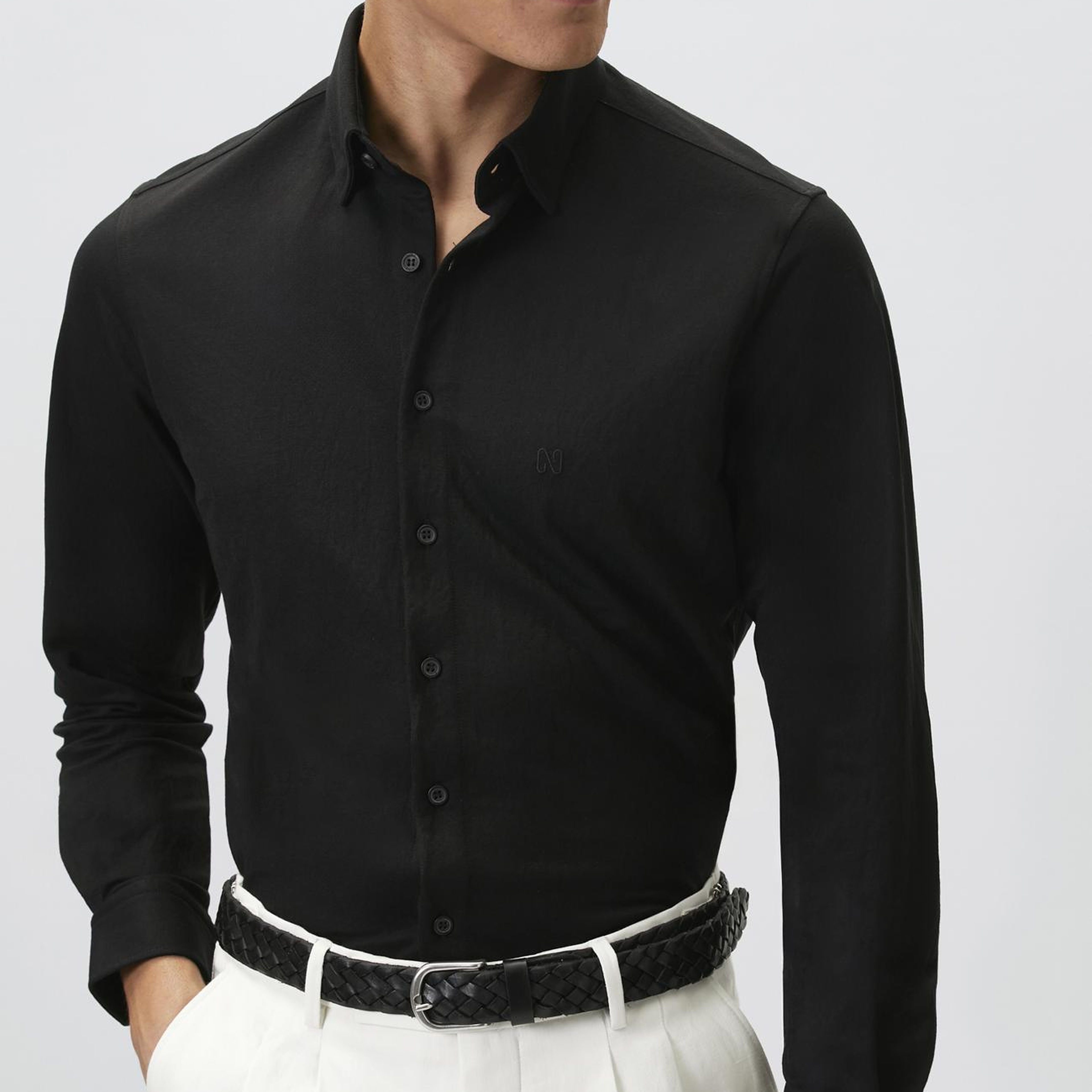 Network Erkek Slim Fit Siyah Uzun Kol Örme Gömlek