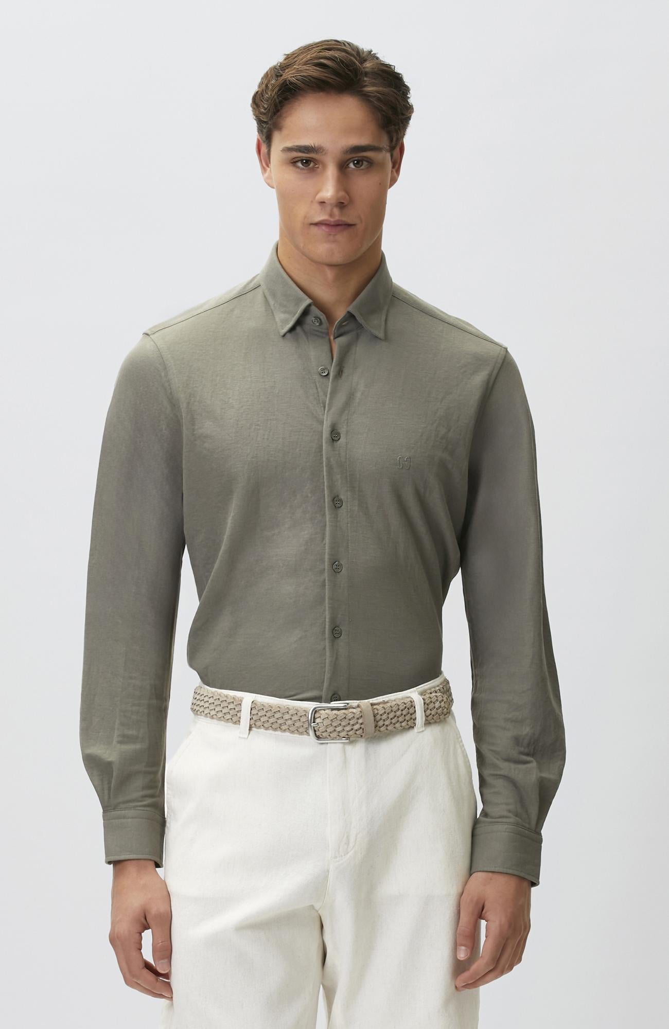Network Erkek Slim Fit Haki Uzun Kol Örme Gömlek