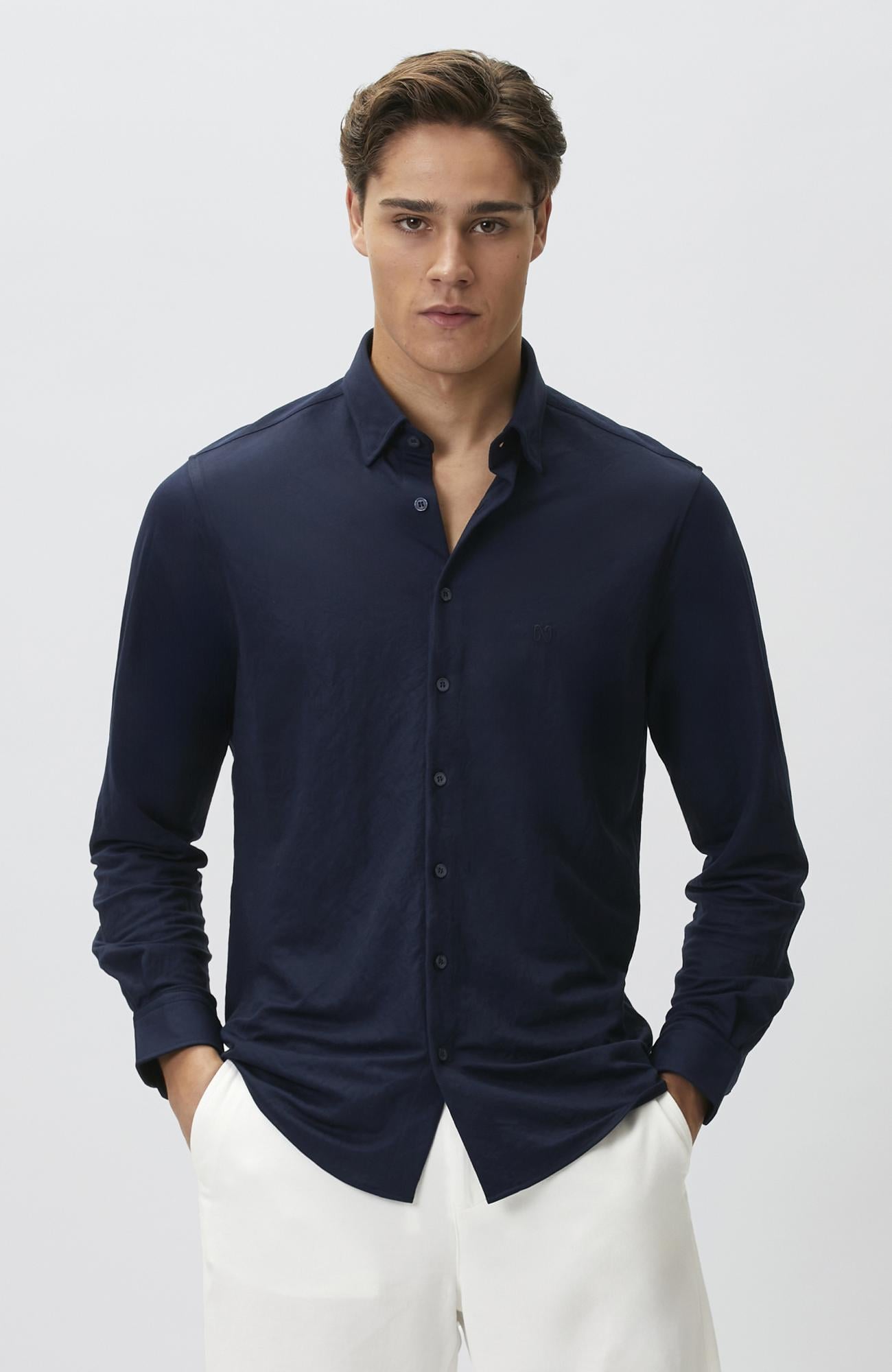 Network Erkek Slim Fit Lacivert Uzun Kol Örme Gömlek