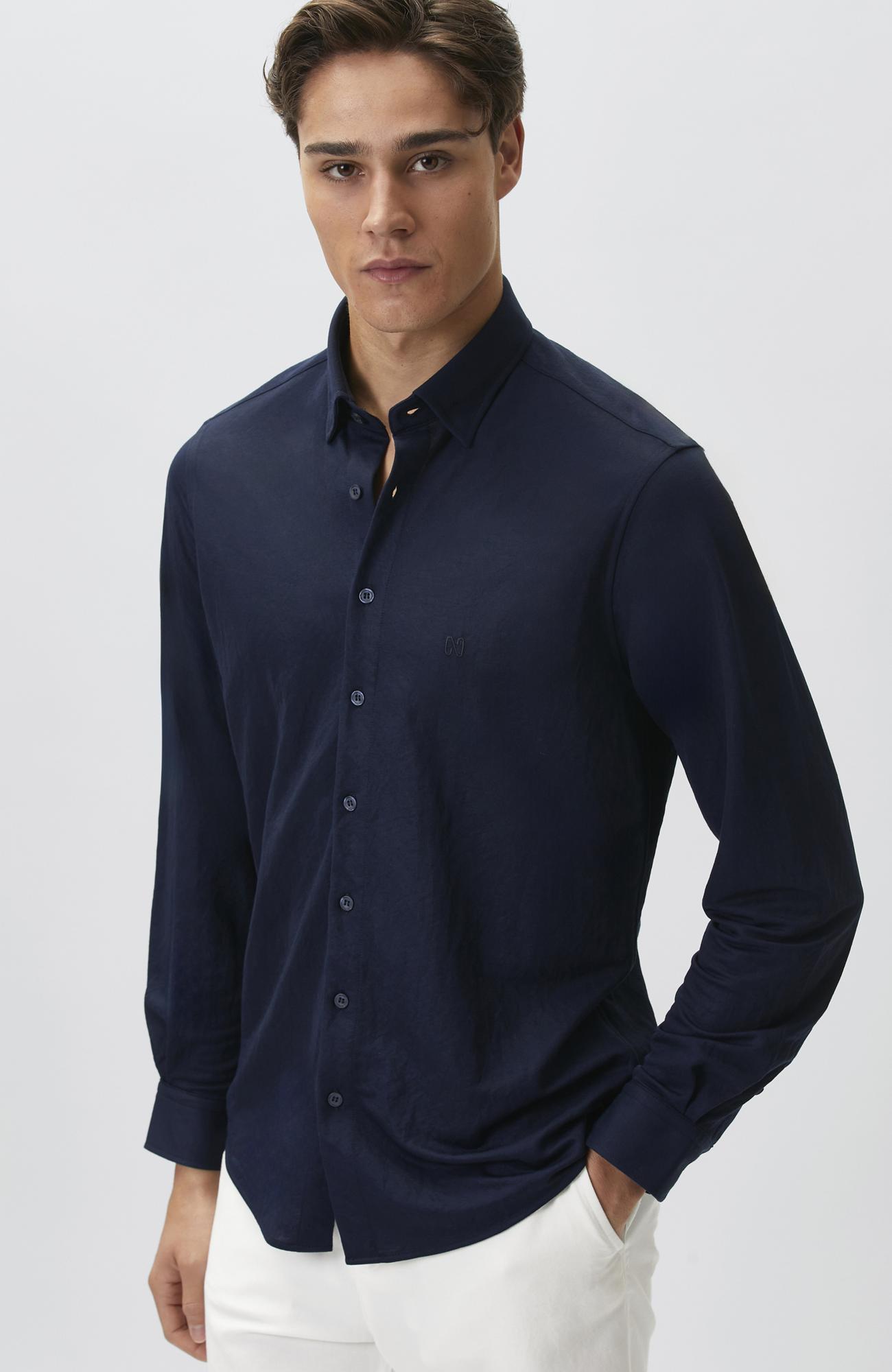 Network Erkek Slim Fit Lacivert Uzun Kol Örme Gömlek